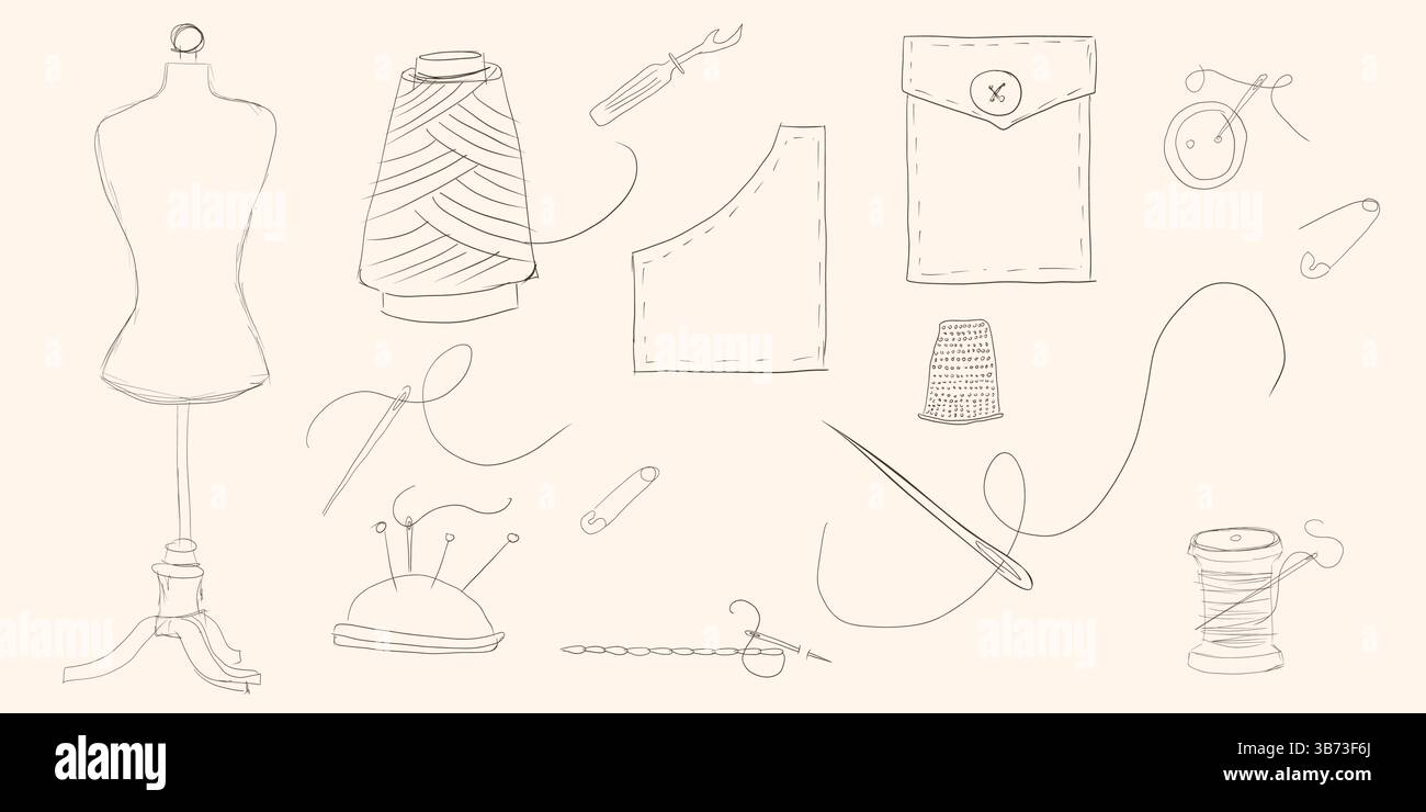 Personnalisez le jeu d'icônes de ligne d'outils et d'accessoires. Équipement rétro dessiné à la main de couturière pour coudre la robe. Couture, travaux d'aiguille, mascotte, icônes de designer et Illustration de Vecteur