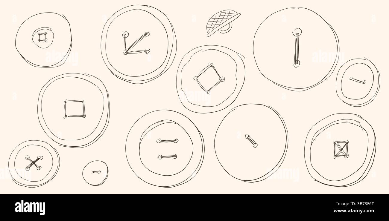 Ligne de boutons de couture dessinée à la main Accessoires de couture vêtements de différentes formes. Illustration de Vecteur