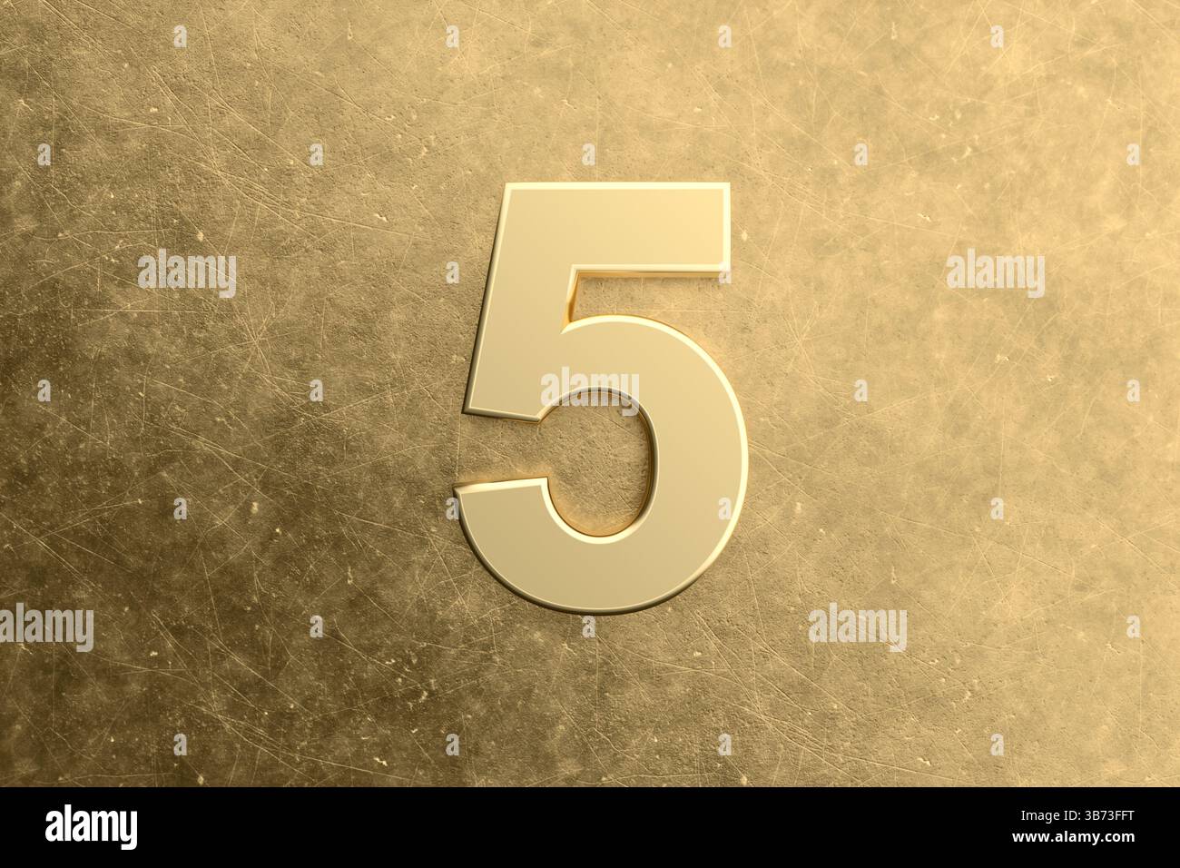 Numéro cinq doré debout sur une surface dorée rayée, représentant des concepts tels que la notation, la qualité, le luxe et la richesse Banque D'Images