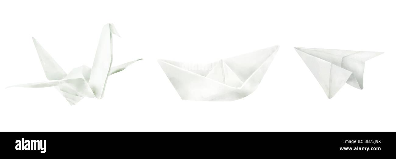 Grue en papier, avion et bateaux à partir d'un cahier. Illustration aquarelle. Ensemble de jouet origami, oiseau en papier, isolé sur un fond blanc. Pour salutations, Banque D'Images