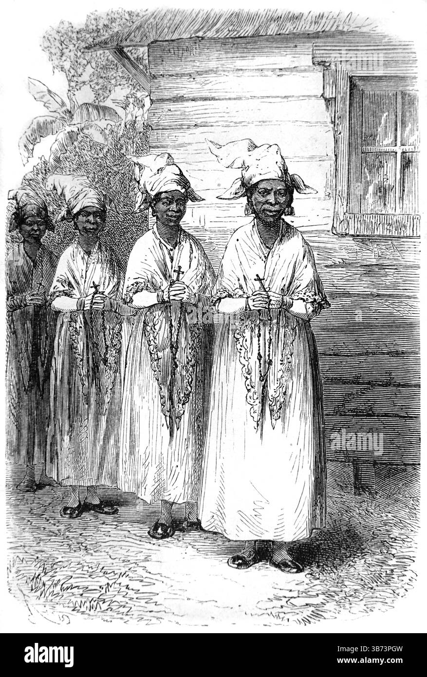 Femmes chrétiennes africaines ou Négresses en procession religieuse chrétienne dans les rues de Cayenne Guyane française Amérique du Sud. Gravure vintage ou historique ou illustration 1866. Banque D'Images