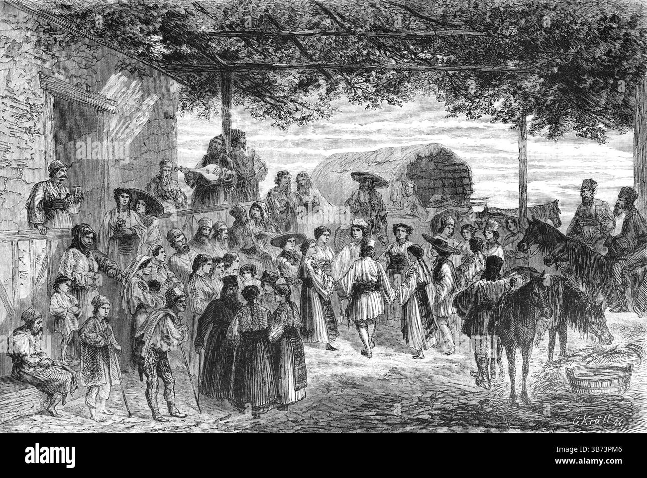 Valachien, Valachiens ou Vlachs dansant la danse traditionnelle Hora, alias Horo ou Oro, une danse traditionnelle du cercle populaire dans les Balkans ; les danseurs portent des vêtements traditionnels, costume régional, vêtements ethniques ou robe ethnique Valachie ou Walachie Roumanie. Gravure vintage ou historique ou illustration 1866 Banque D'Images