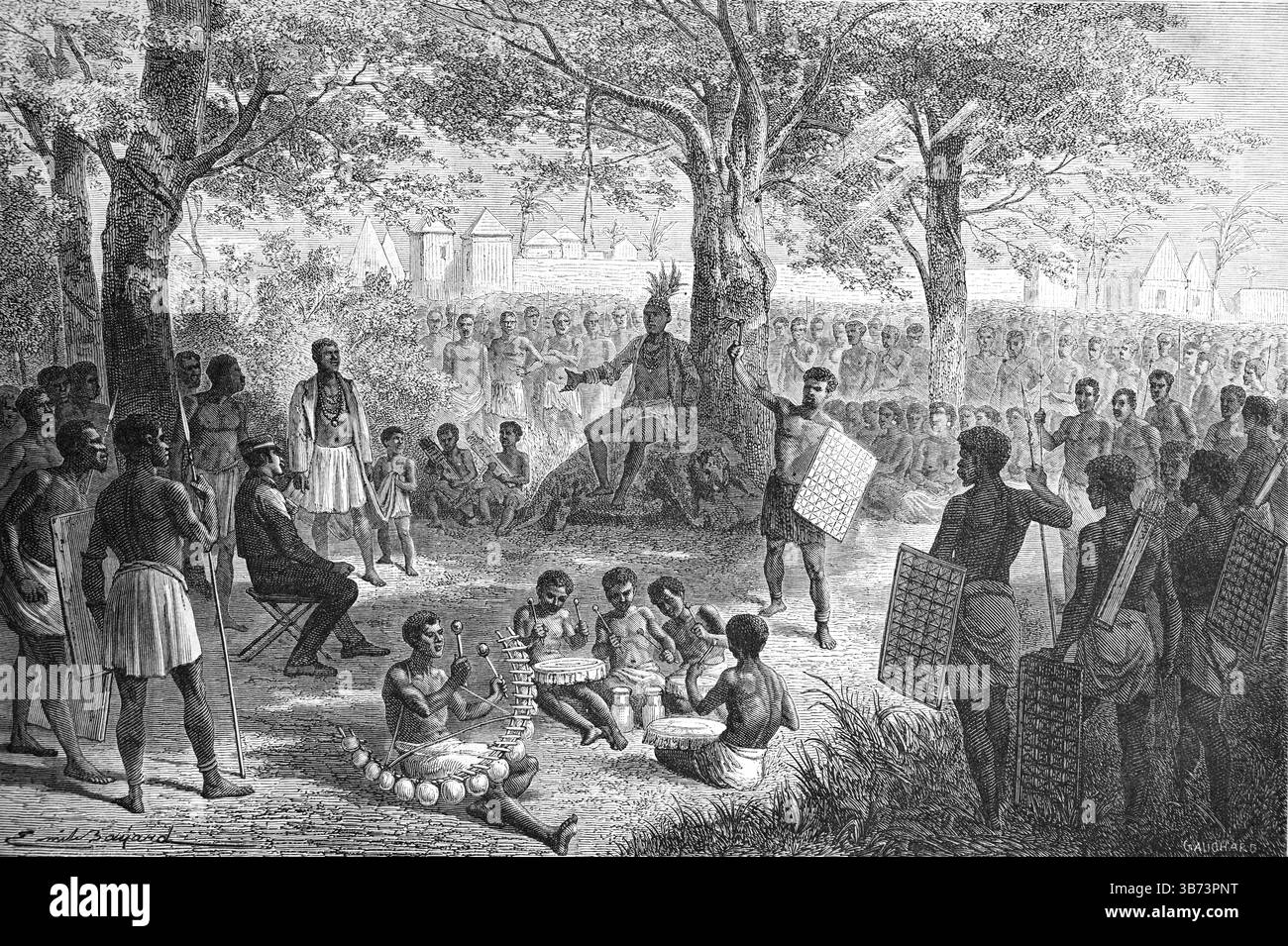 Docteur David Livingstone, lors des expéditions de Livingstone en Afrique du Sud et centrale, reçu par le chef tribal, chef ou roi Shinté en Afrique centrale. Gravure vintage ou historique ou illustration 1866 Banque D'Images