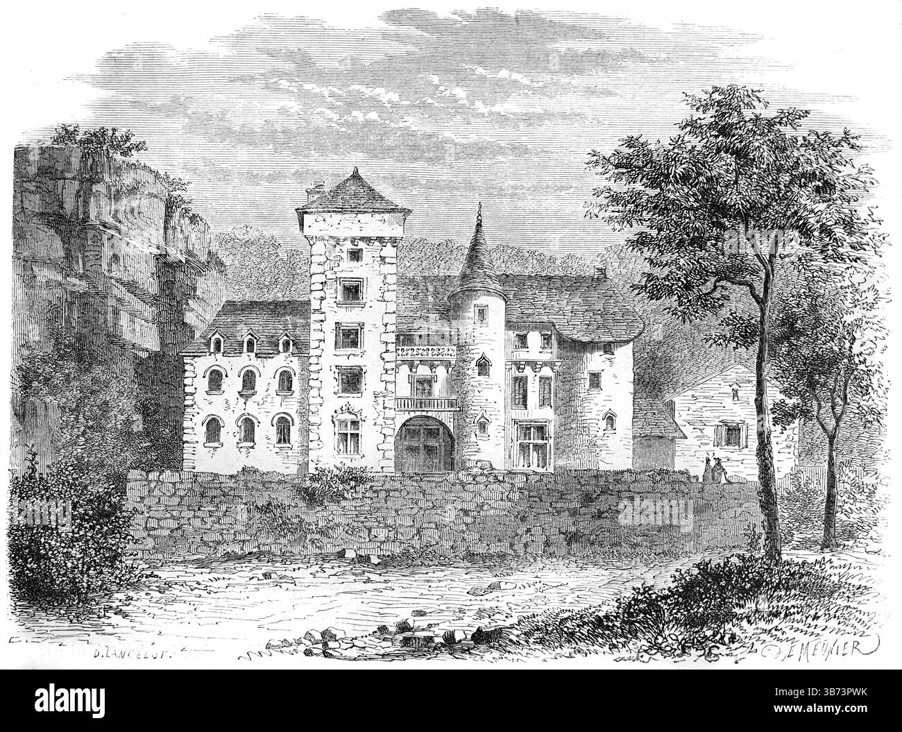 Château médiéval d'Anterroches (c15ème-c19ème) dans la vallée de l'Alagnon, Cantal Auvergne France. Gravure vintage ou historique ou illustration 1866 Banque D'Images