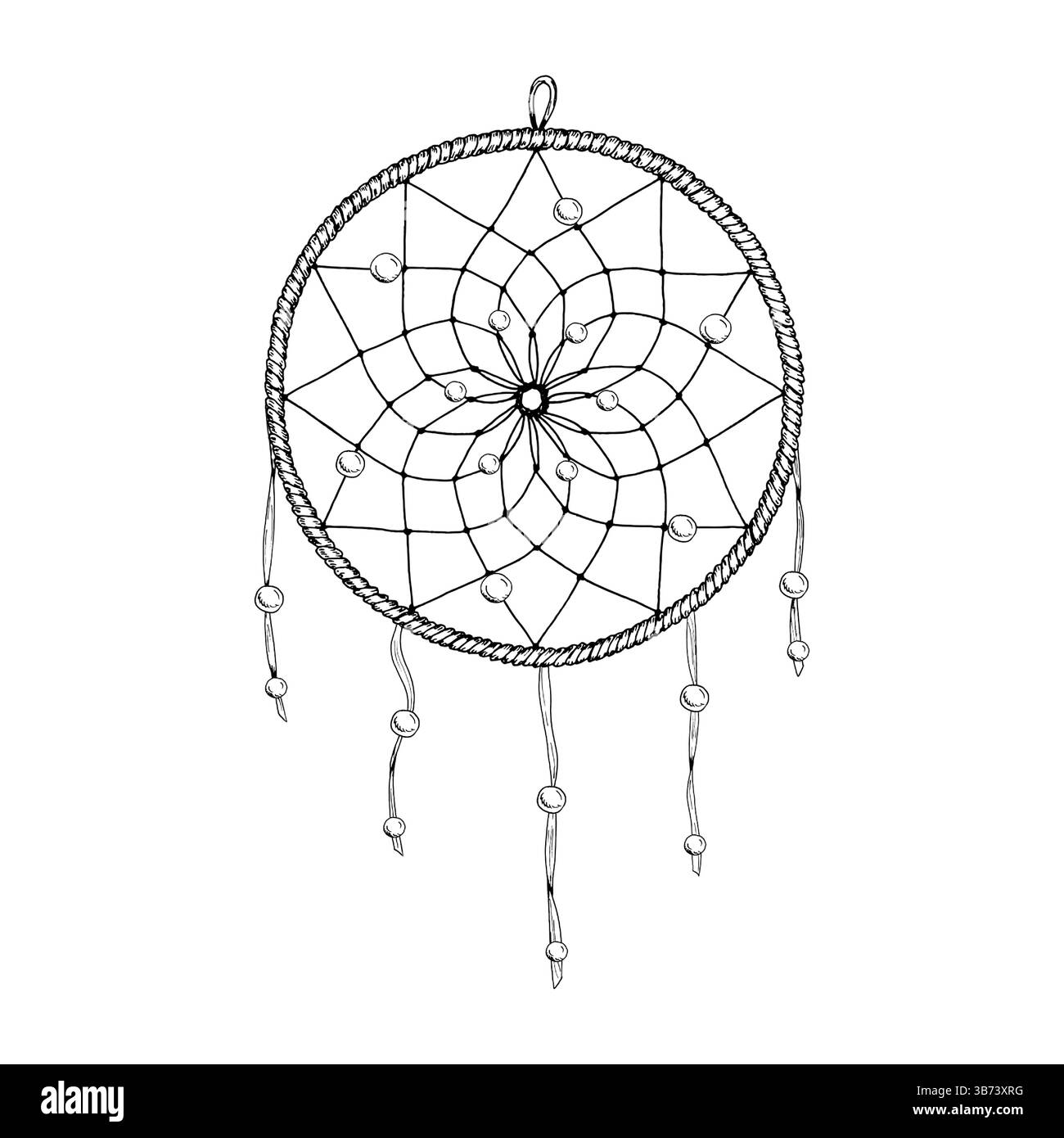 Illustration vectorielle d'un capteur de rêves dessiné à la main en noir et blanc. Anneau circulaire avec texture de corde, motif de perle central et fils suspendus avec Illustration de Vecteur