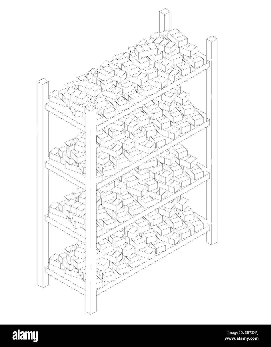 Une étagère haute et étroite avec de nombreuses boîtes dessus. Les boîtes sont toutes de tailles différentes et sont empilées les unes sur les autres Illustration de Vecteur