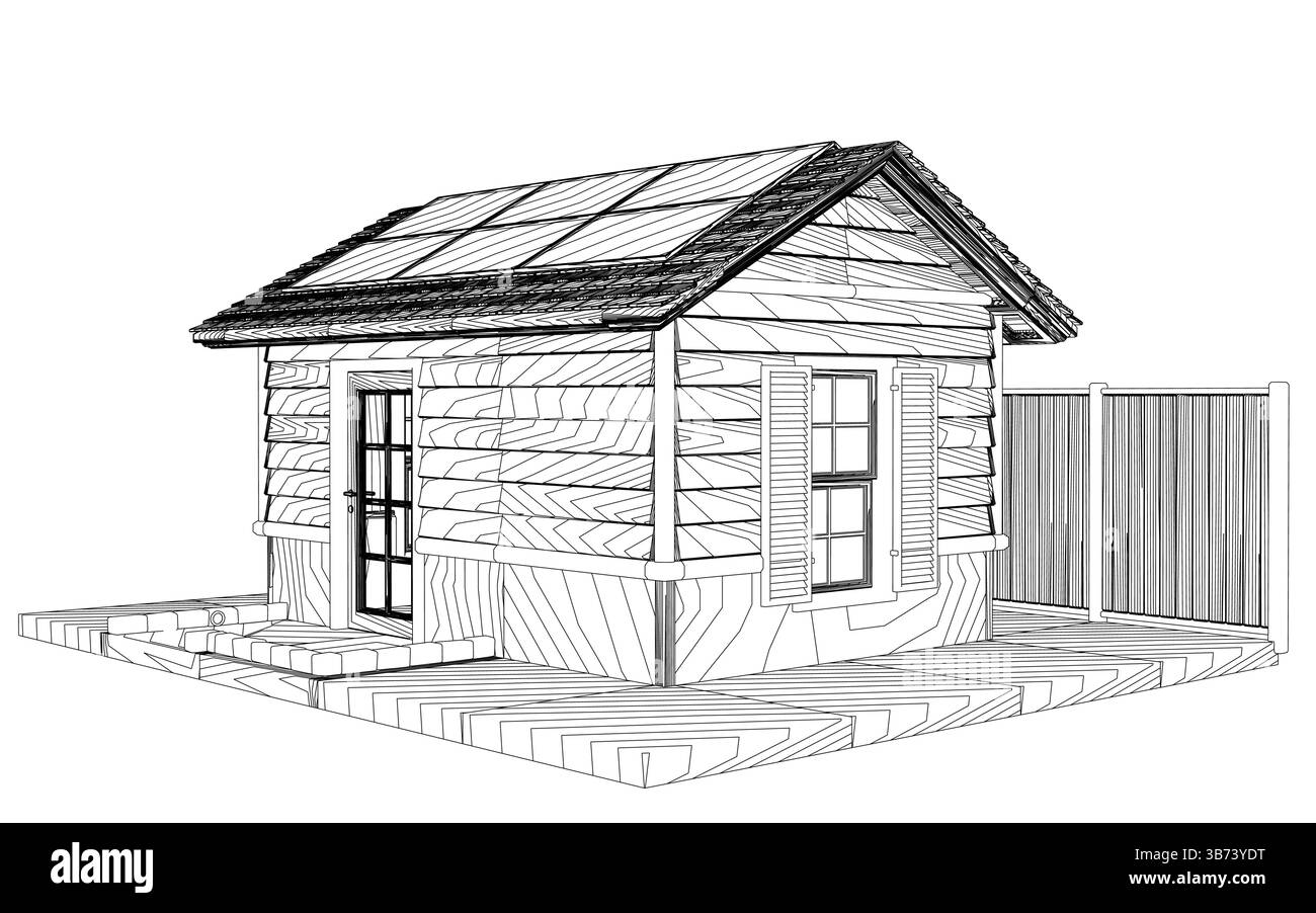 Une petite maison en bois avec un toit incliné. La maison est entourée d'une clôture. La maison semble être vieille et a besoin d'être réparée Illustration de Vecteur