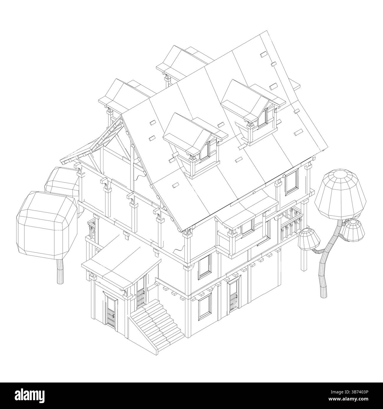 Une maison avec un arbre. La maison est un bâtiment de deux étages avec un toit incliné. Vue isométrique Illustration de Vecteur