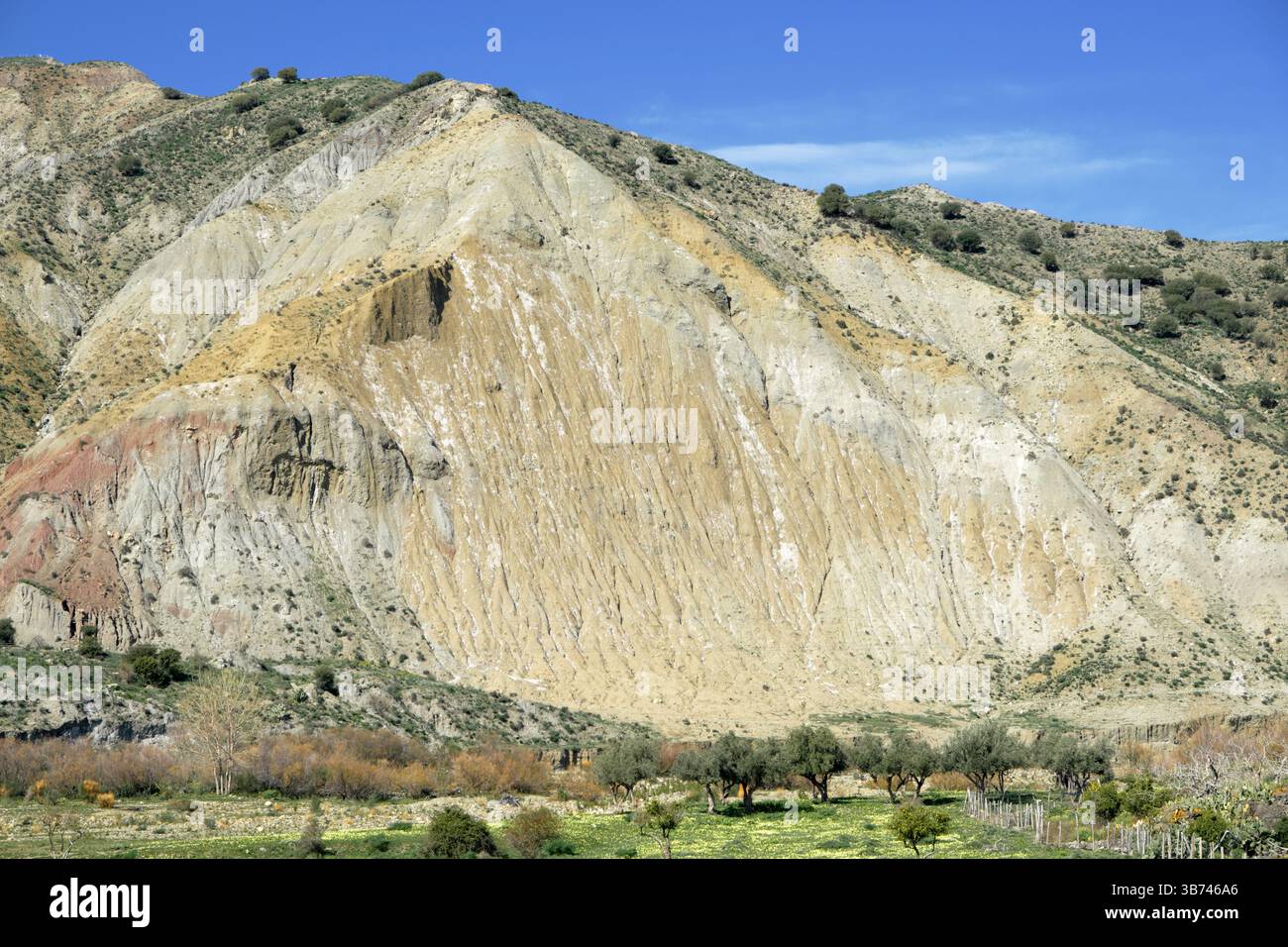 Érosion colorée des pentes de 'Calanchi' (Badlands) le long de la rivière Simeto en Sicile, Italie Banque D'Images
