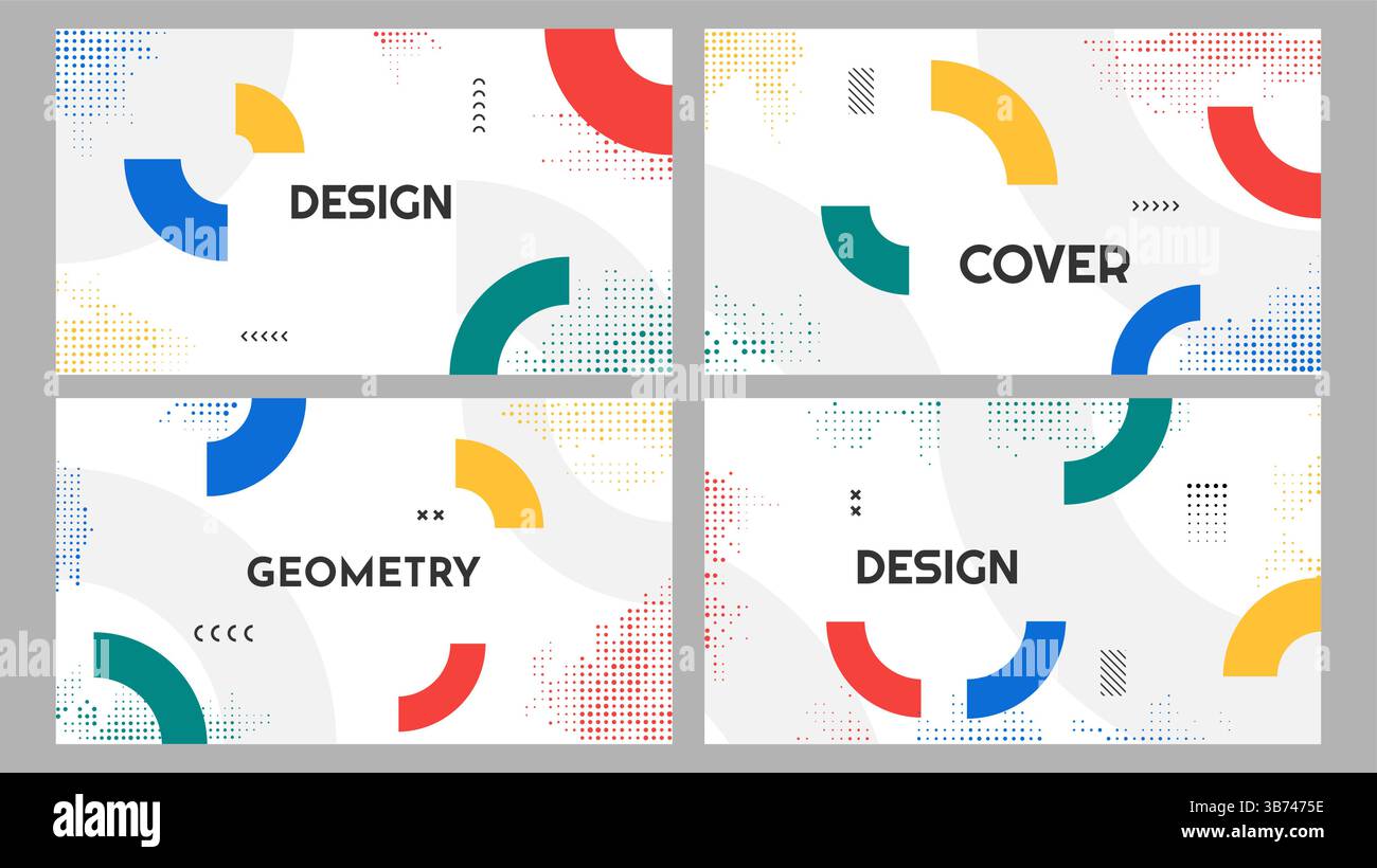 Illustration vectorielle. Ensemble de fond de couleur éclatante abstrait. Papiers peints lumineux frais avec des formes de demi-cercle et des points de demi-teinte. Eléments de conception Illustration de Vecteur