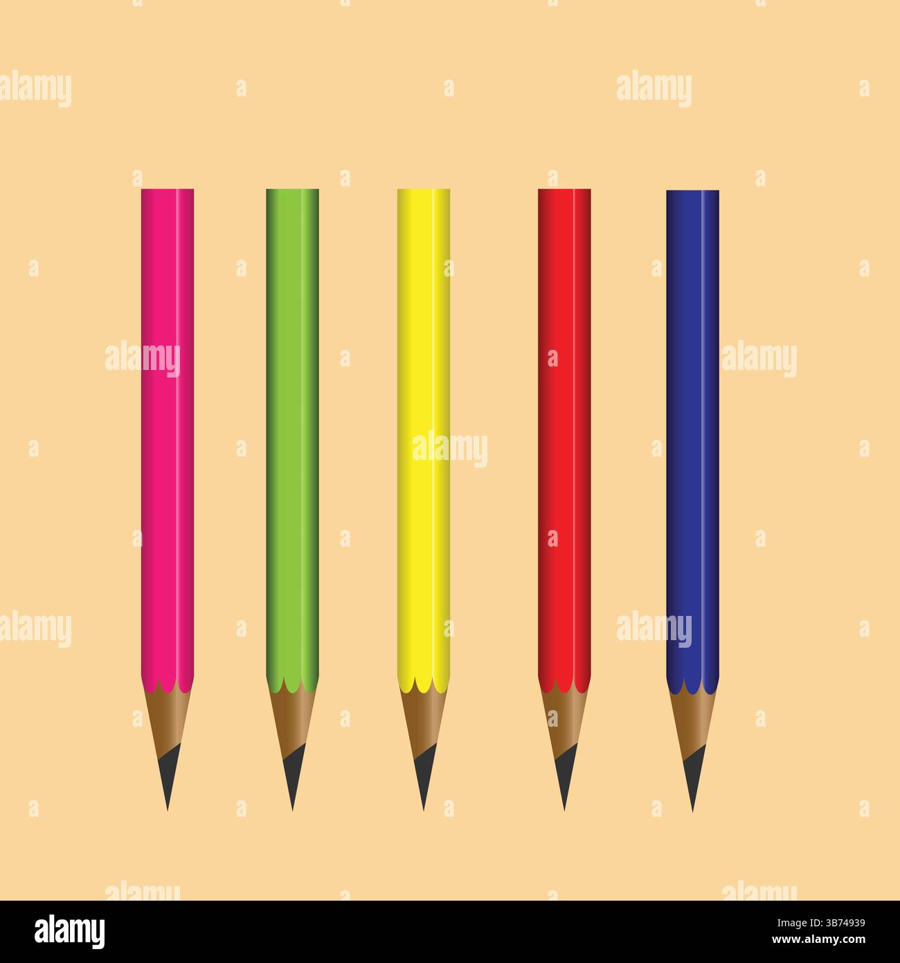 Crayons en bois 3D vibrants sur fond orange clair – illustration vectorielle réaliste pour les projets de design créatif. Illustration de Vecteur