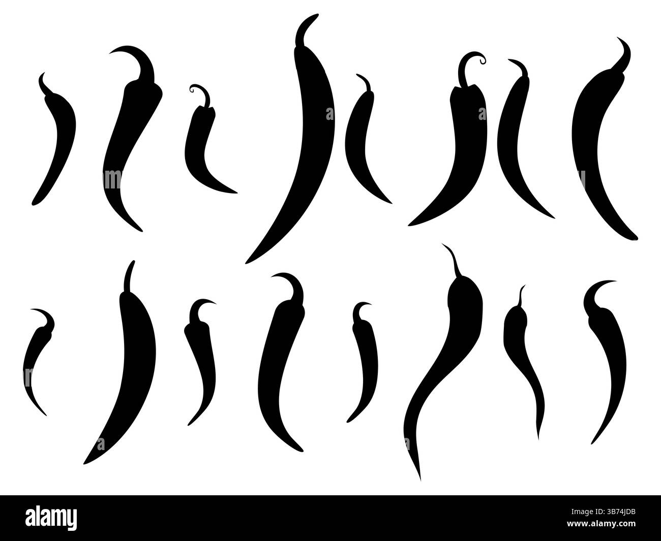 Ensemble silhouettes de piment noir. Collection de formes épicées de capsicum. Isolé sur fond blanc. Parfait pour la conception alimentaire, l'emballage, les étiquettes, cov Illustration de Vecteur