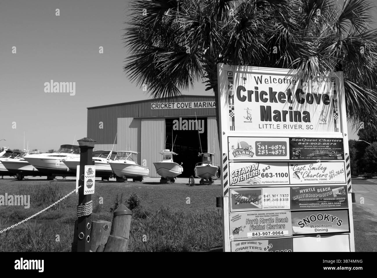 Bateaux amarrés à Cricket Cove Marina à Little River, Caroline du Sud, États-Unis, par une journée côtière claire. Banque D'Images