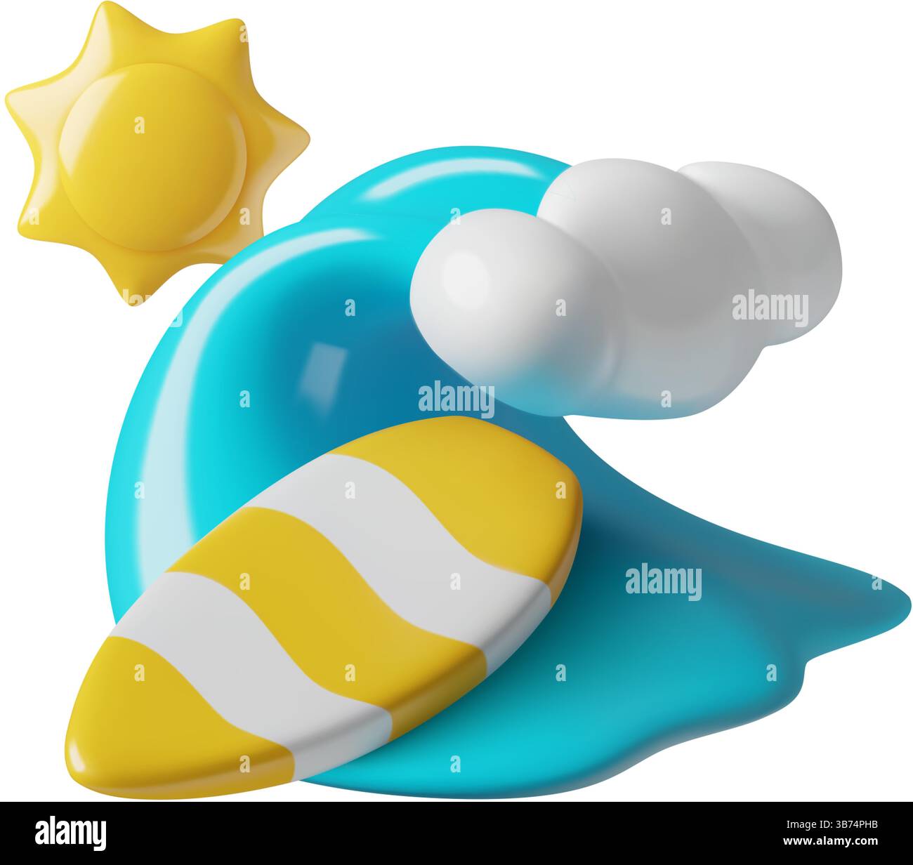 Surf et vacances d'été icône vectorielle 3d mignonne avec la vague océanique de planche de surf et le soleil Illustration de Vecteur
