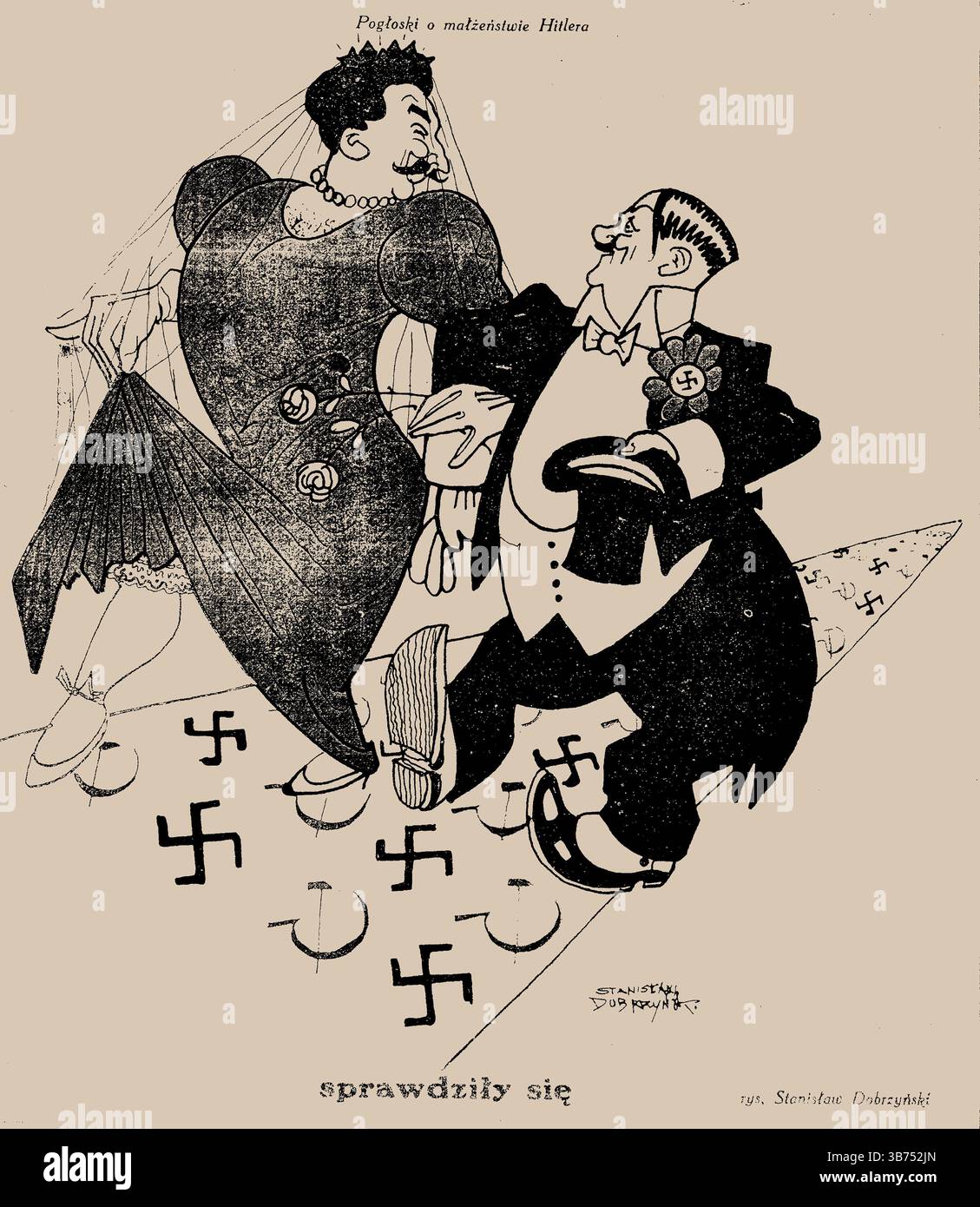 Les rumeurs sur le mariage d'Hitler se sont avérées vraies. Caricature du magazine satirique Szpilki (Pins). Musée : COLLECTION PRIVÉE. Auteur : Stanislaw Dobrzynski. Banque D'Images