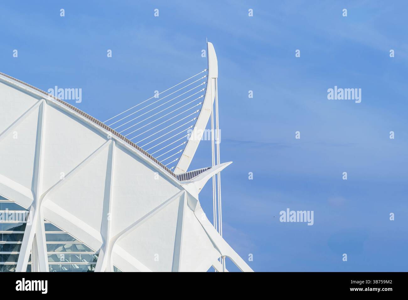 Palau principe Felipe, Musée des Sciences à la Cité des Arts et des Sciences contre un ciel bleu clair. Vue rapprochée des éléments de design moderne d'Abstra Banque D'Images