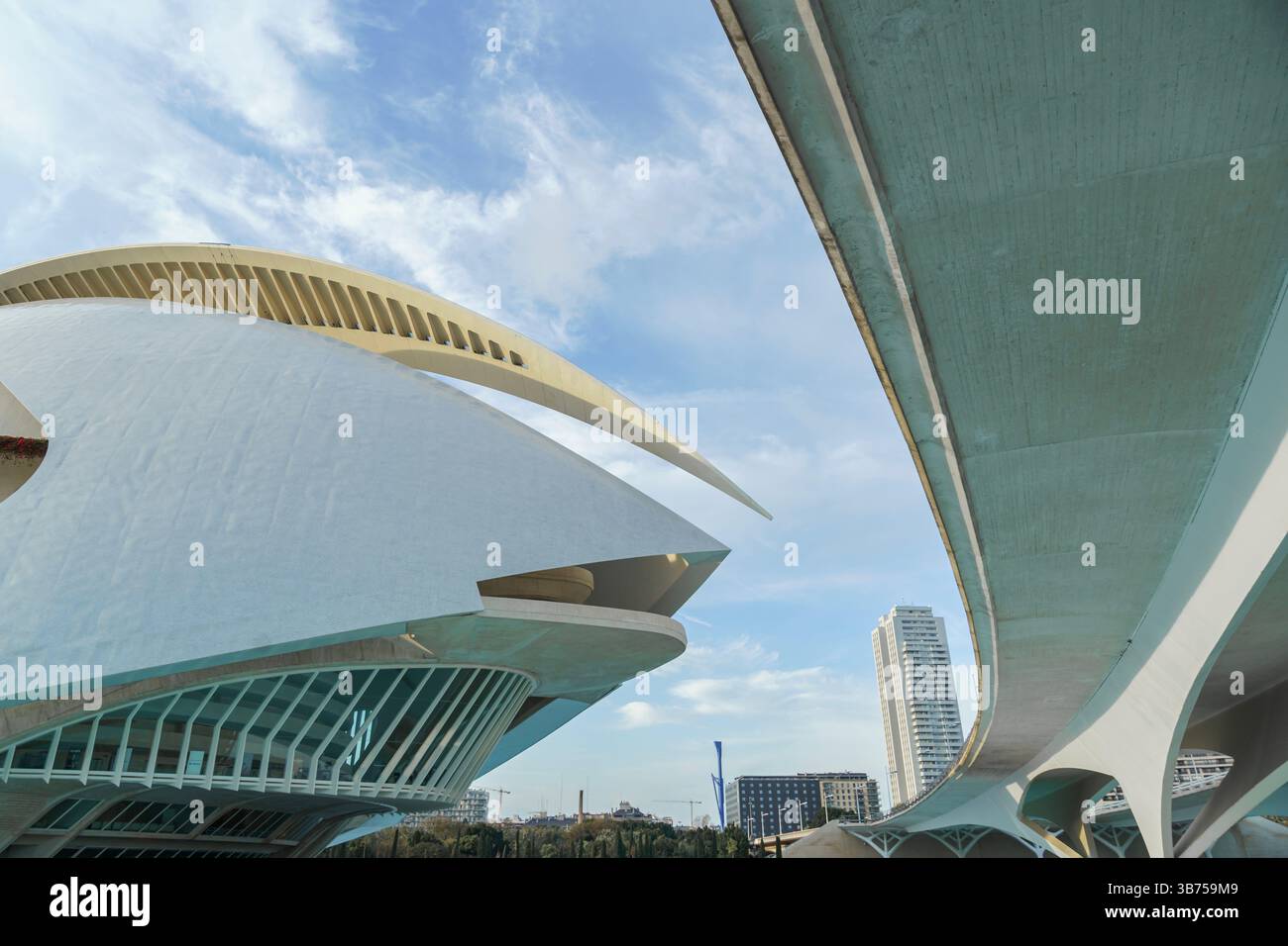 Façade de la construction Ciutat de les Arts i les ciences avec Palais des Arts architecture moderne par Santiago Calatrava à Valence, Espagne. Architectur Banque D'Images