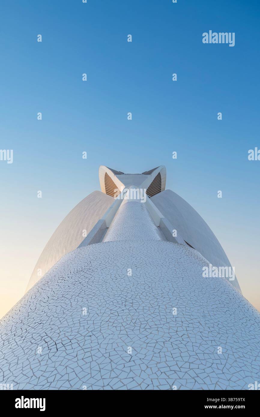Perspective du Palau de les Arts Reina Sofia à Valence, Espagne. Abstrait White architectural Forms Ascending to the Sky. Puissante perspective ascendante Banque D'Images