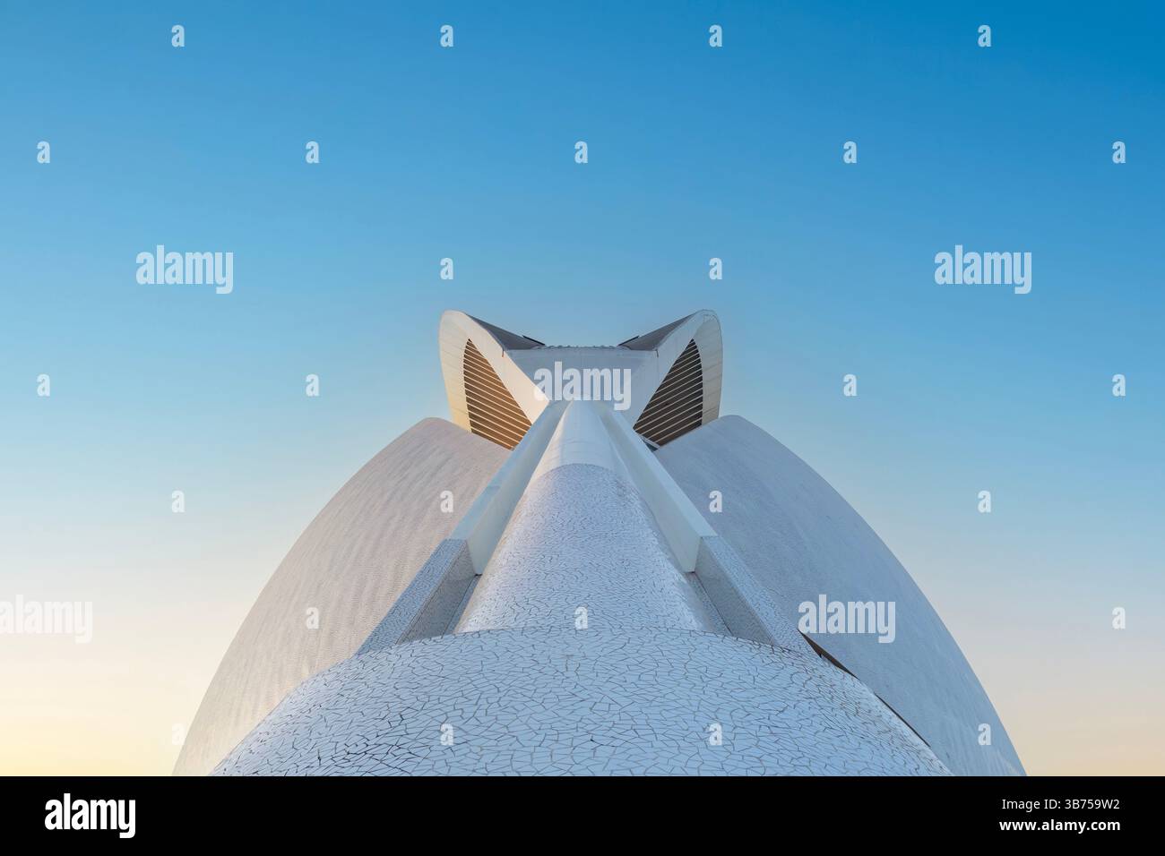 Perspective du Palau de les Arts Reina Sofia à Valence, Espagne. Bâtiment blanc futuriste vu d'en bas à Valence. Puissante perspectiv ascendante Banque D'Images