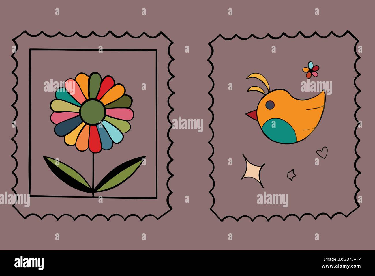 Une fleur lumineuse à plusieurs pétales avec des feuilles colorées à gauche et un oiseau ludique entouré d'éléments décoratifs à droite Illustration de Vecteur