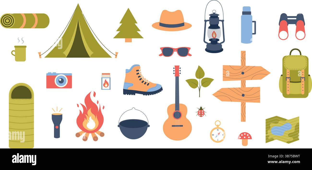 Ensemble isolé d'éléments vectoriels dans un style plat pour le camping. Illustration de Vecteur