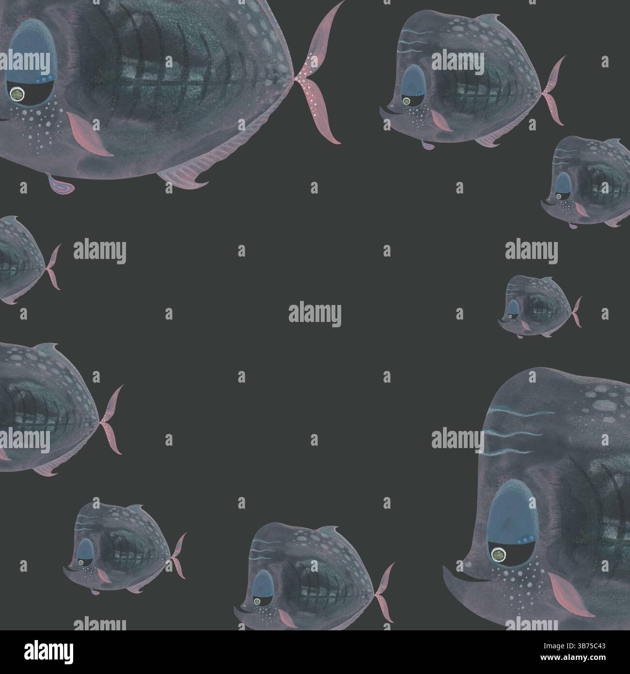 Cadre avec poisson aquarelle transparent sur noir. Illustration dessinée à la main. Tons roses muets sur un fond sombre. Parfait pour les couvertures d'ordinateur portable, les messages d'accueil Banque D'Images