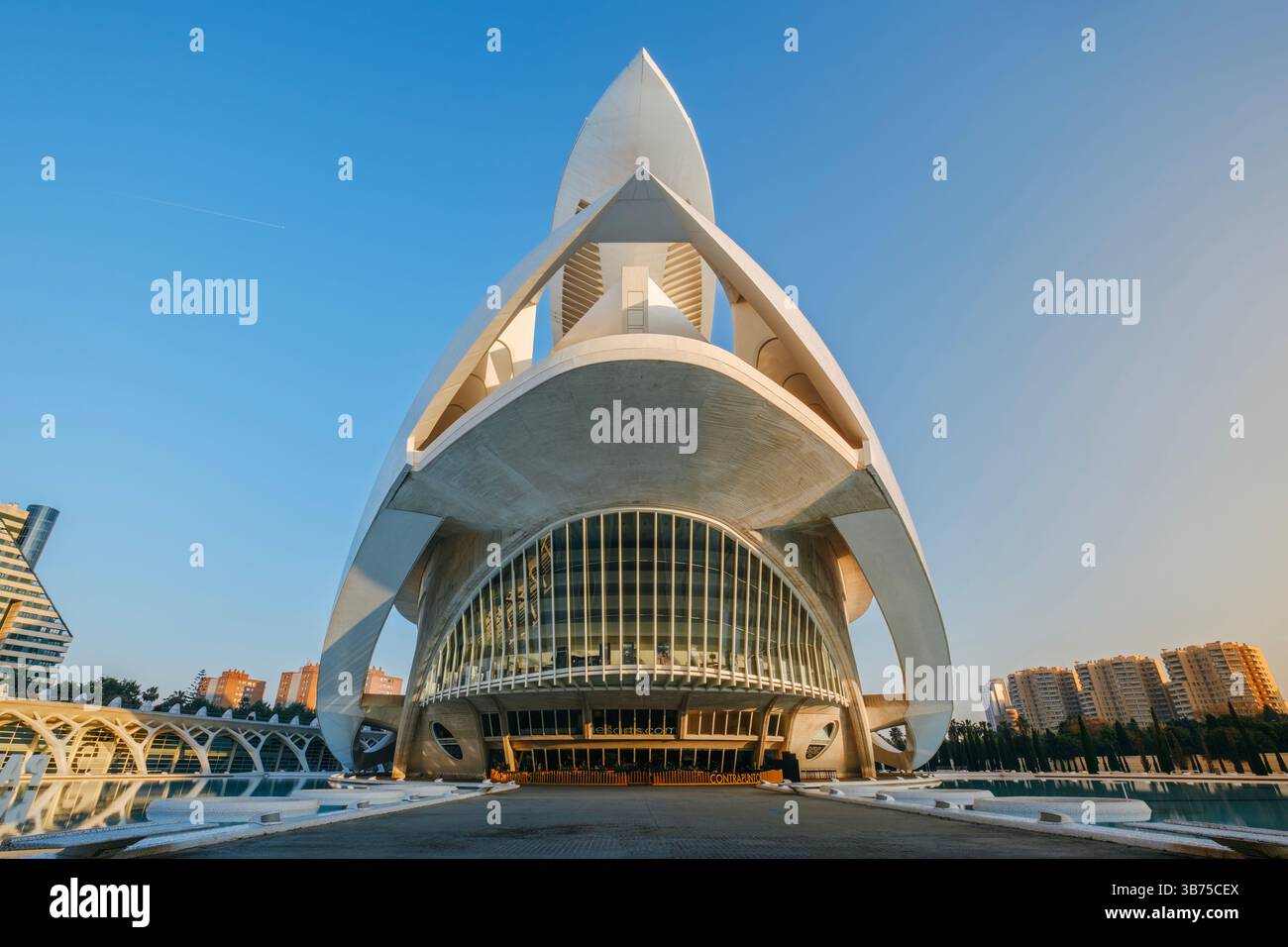 Perspective du Palau de les Arts Reina Sofia contre un ciel bleu clair. Puissante vue vers le haut du Palace de les Arts Perspective unique de la ville Banque D'Images