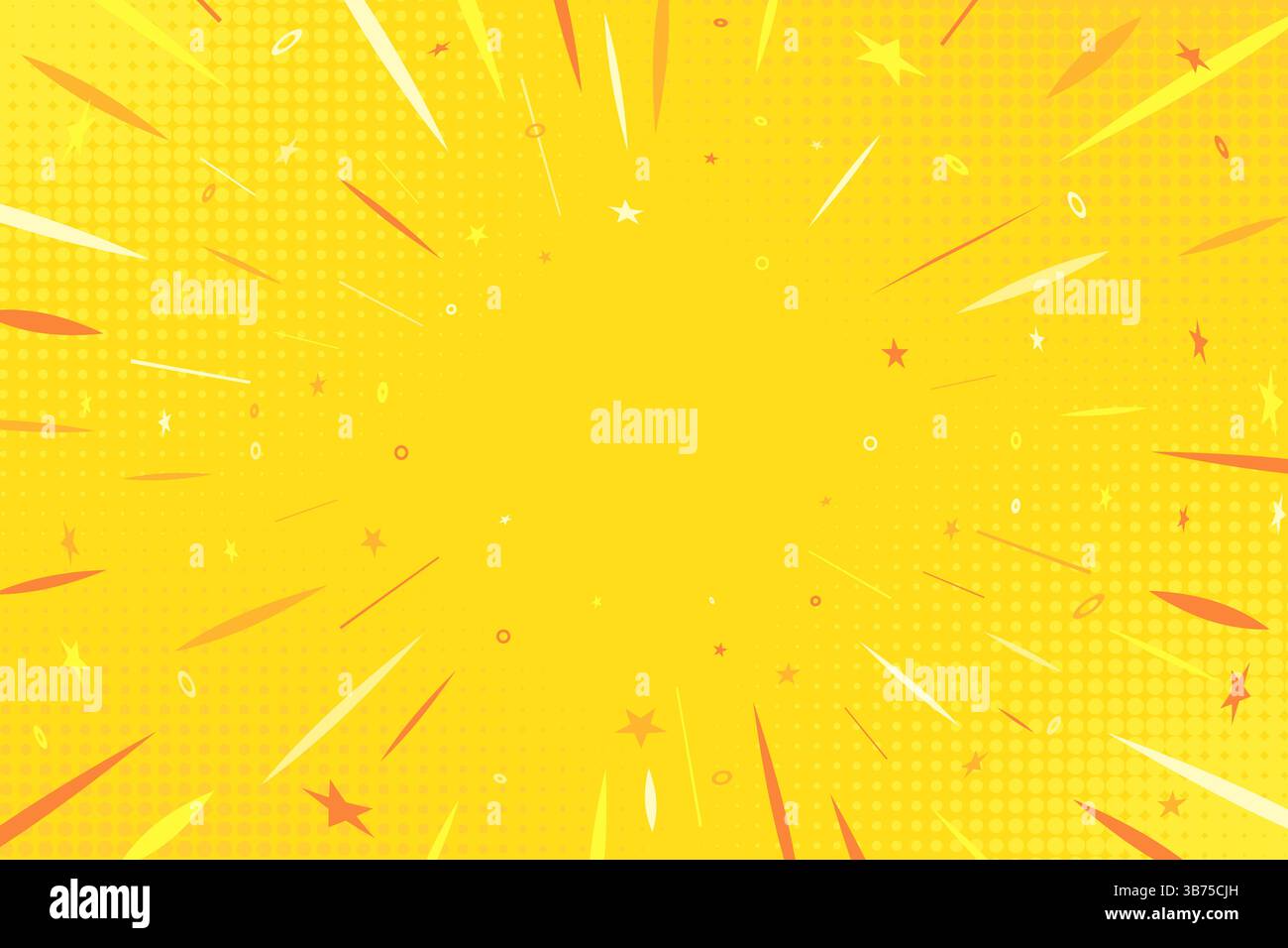 Fond de bande dessinée jaune Pop Art. Fond de style demi-teinte animé créatif moderne avec des étoiles et éclatement de rayons pour couverture rétro, bannière, affiche Illustration de Vecteur