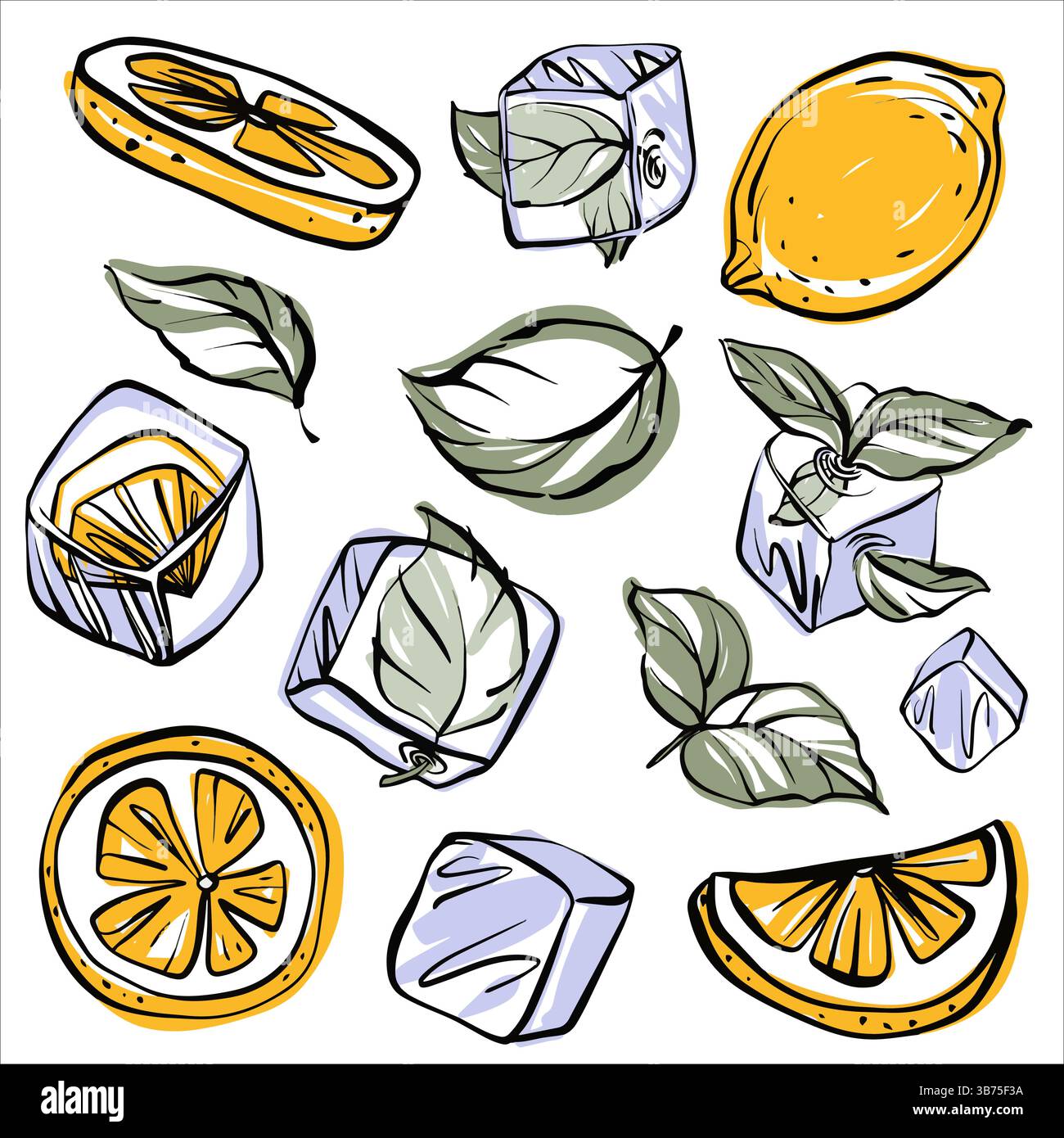 Rafraîchissant ensemble de cliparts d'été avec des feuilles de menthe, des tranches d'agrumes et des glaçons Illustration de Vecteur