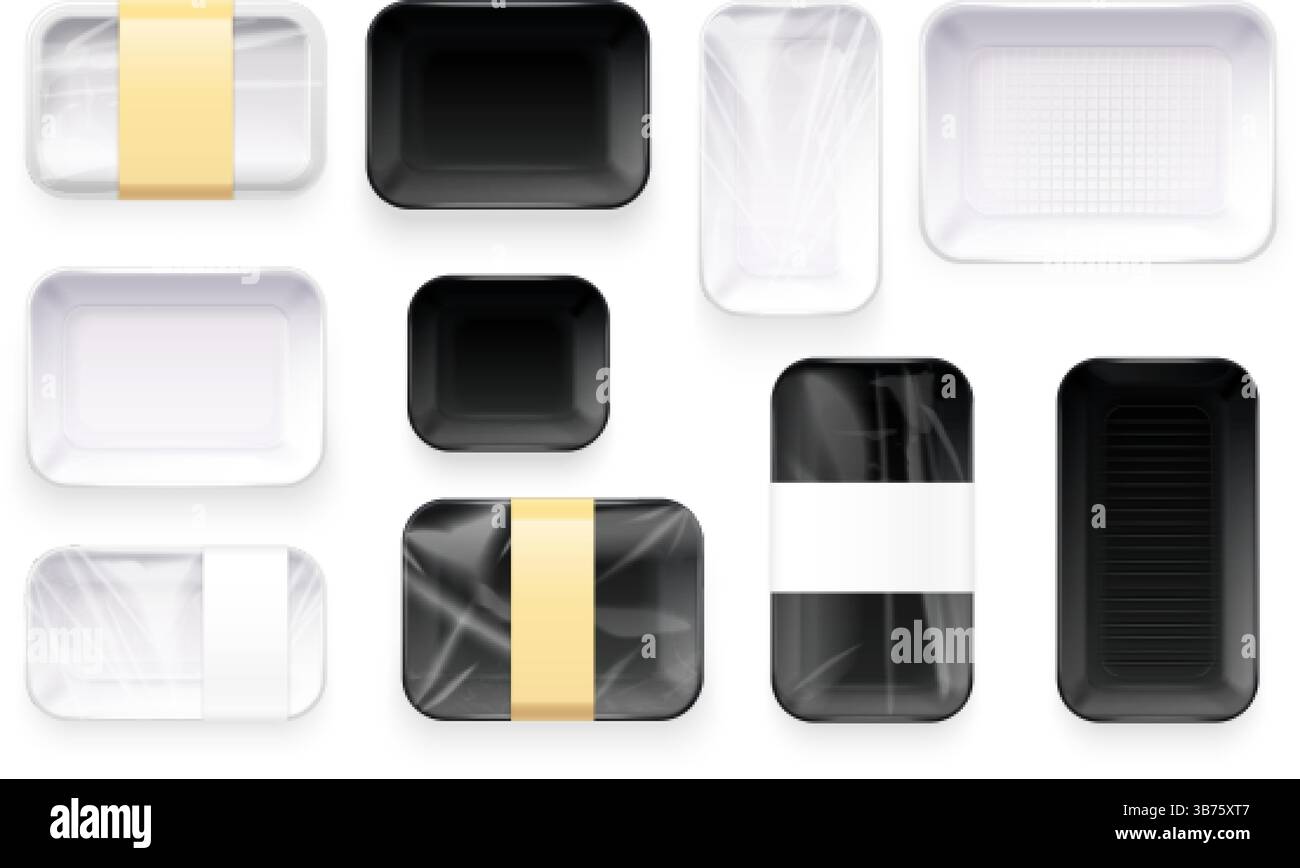 Plateaux d'emballage pour aliments. Récipient sous vide en plastique pour les plats préparés ou la maquette de paquet de légumes surgelés, plateau vide en polystyrène boîte claire cellophane, illustration vectorielle exacte réaliste illustration originale Illustration de Vecteur