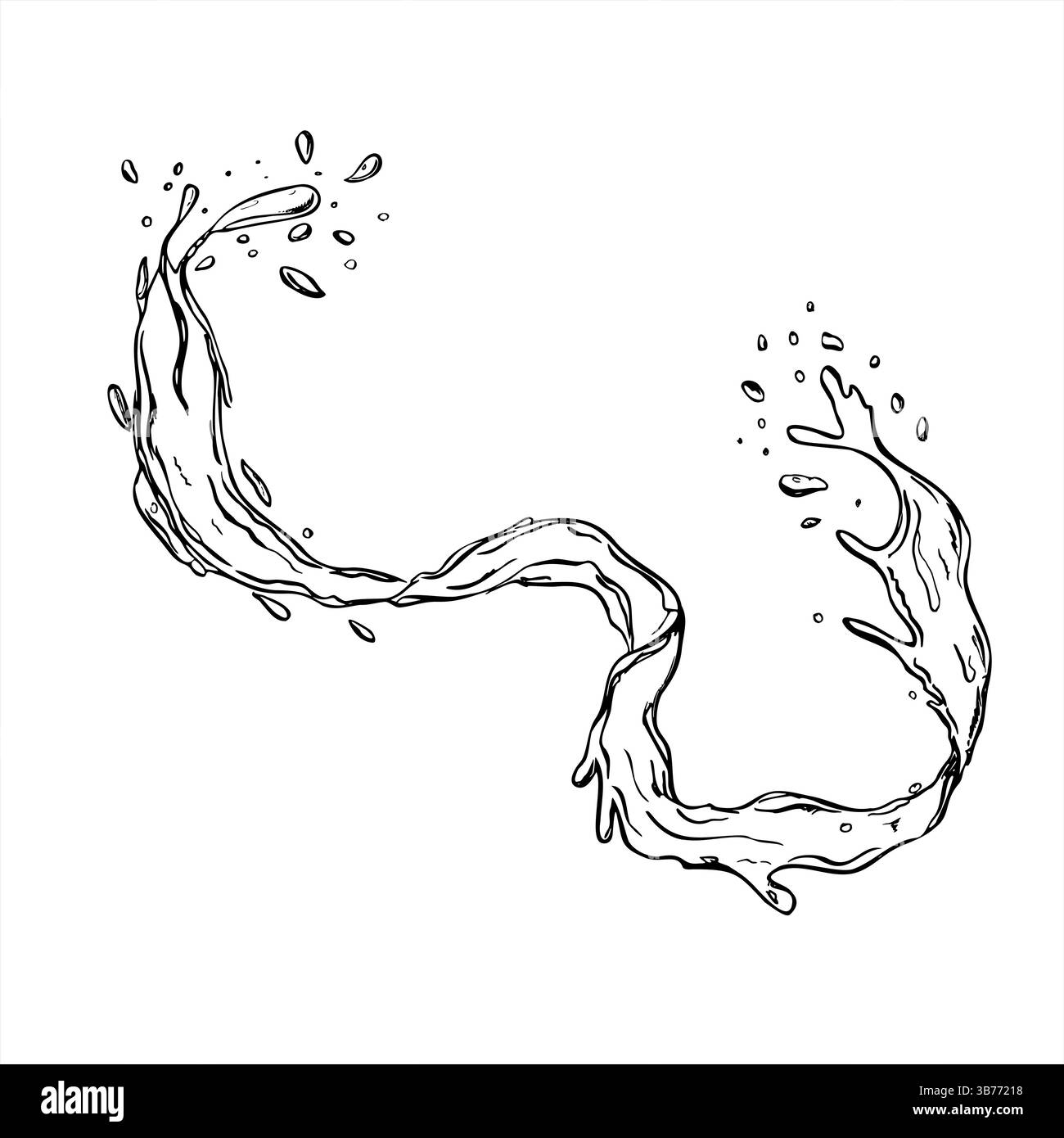 Vecteur monochrome eau pure éclaboussure avec des gouttes noir et blanc dessin. Vague d'eau qui coule en mouvement avec des sprays gravant le dessin pour le marquage des boissons Illustration de Vecteur