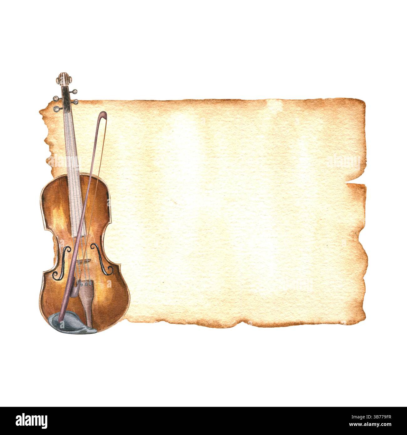 Vintage vierge vieux manuscrit de papier jauni et violon illustration aquarelle arrière-plan isolé. Instrument de musique et carton ancien Banque D'Images