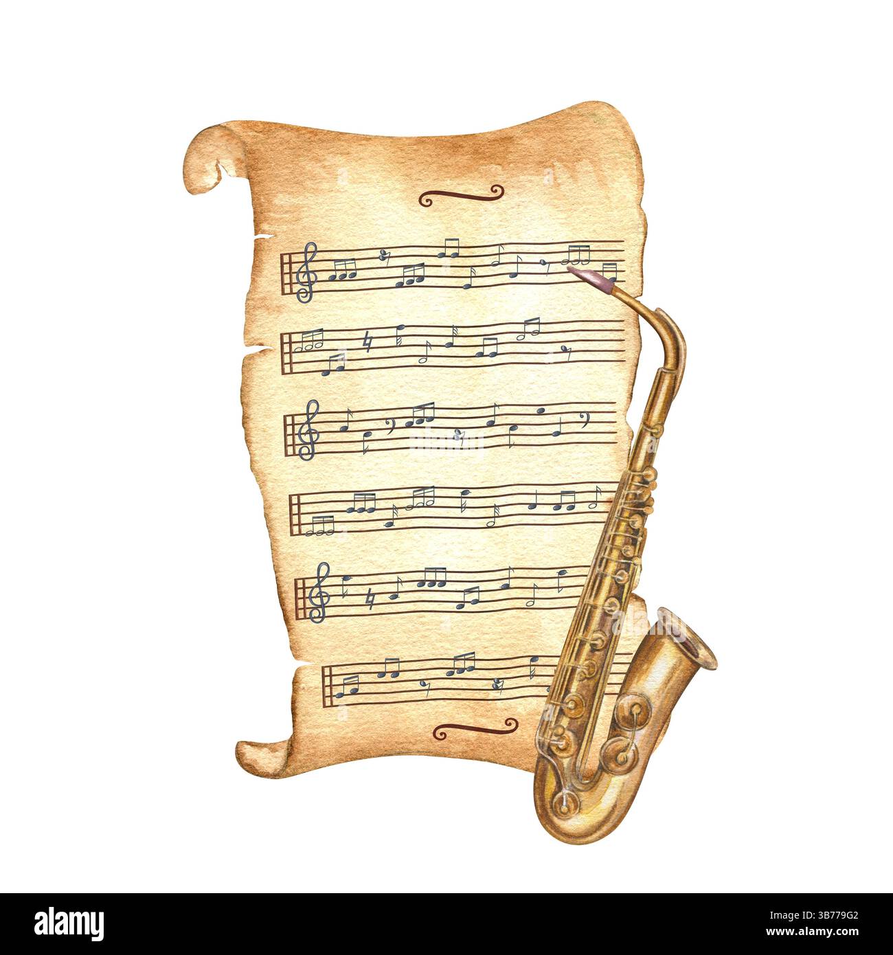 Vintage saxophone et notes de musique sur papier jauni vieilli défilement aquarelle illustration isolé fond. Carton ancien et musical Banque D'Images