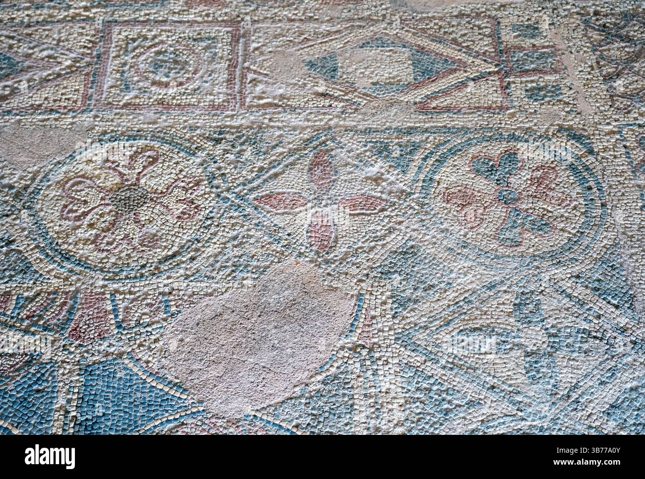 Mosaïque de sol, ruines romaines de Soloi, Karavostasi, Chypre du Nord. Banque D'Images