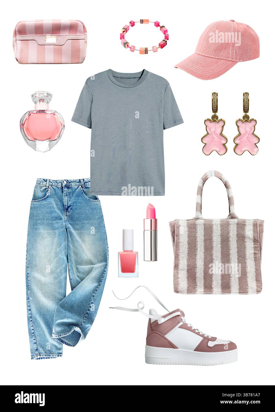 Beaux vêtements de jeune fille, vêtements de style urbain élégant, ensemble de vêtements féminins, jeans et tenue de chemise, collection de vêtements de mode isolé. Personne,o Banque D'Images