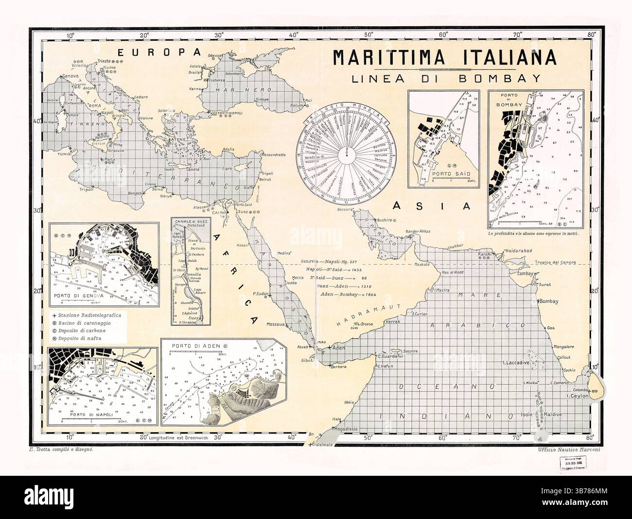 Marittima Italiana Linea di Bombay, circa 1900, carte nautique d'époque, carte maritime de l'Italie, carte historique des routes maritimes, domaine public Banque D'Images
