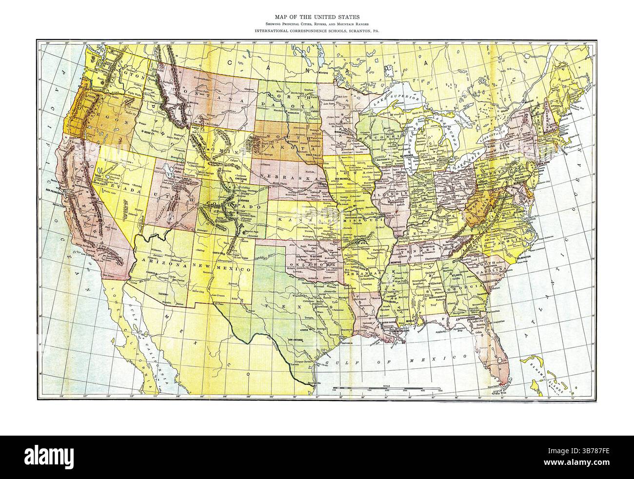 Carte des États-Unis, 1904, montrant les principales villes, rivières et chaînes de montagnes, carte américaine historique vintage, cartographie antique, domaine public Banque D'Images
