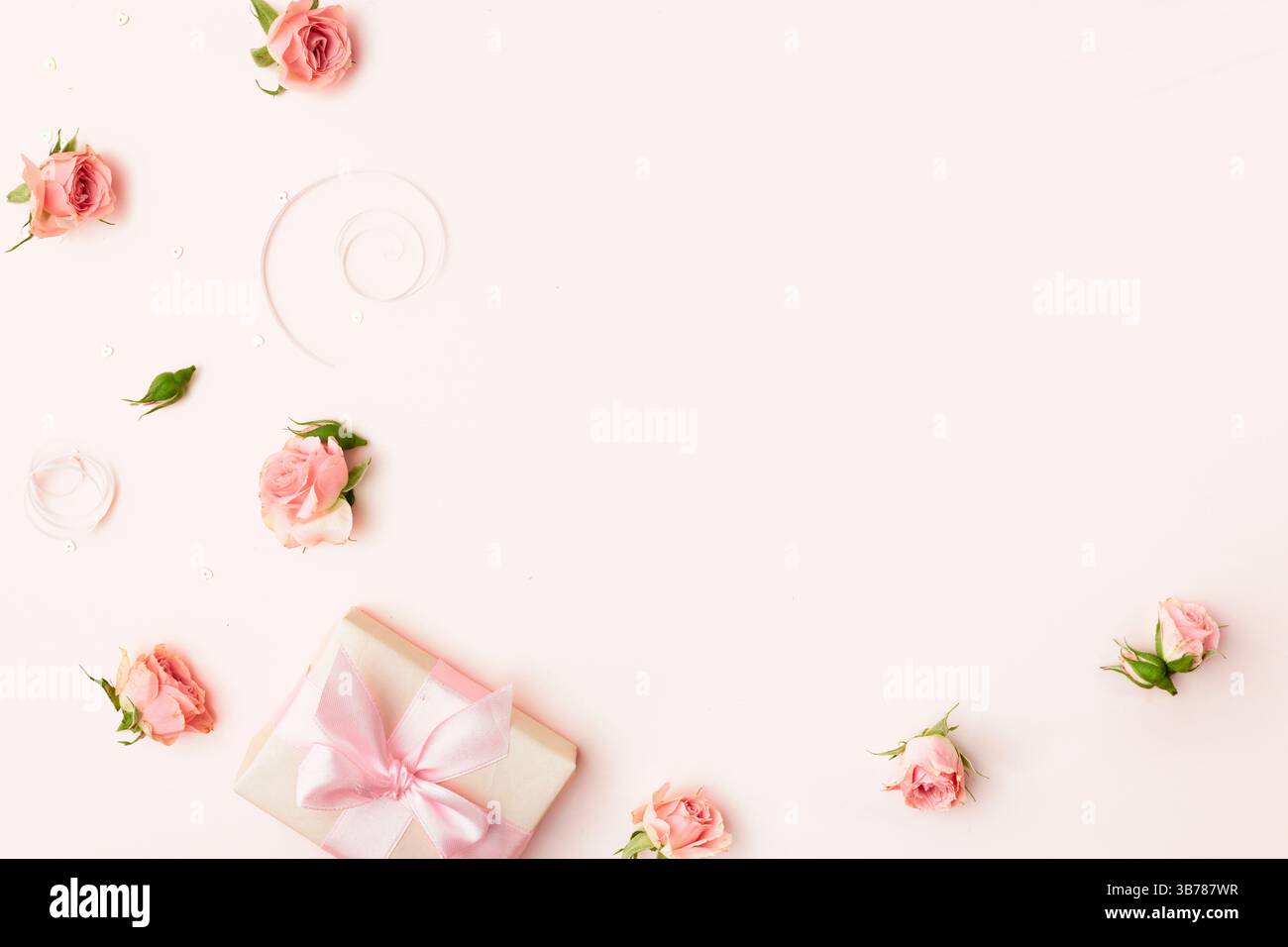 Roses et boîte-cadeau plat reposent sur fond d'espace vide rose. Fond de fête des mères. Carte de jour pour femme. Bordure florale. Banque D'Images
