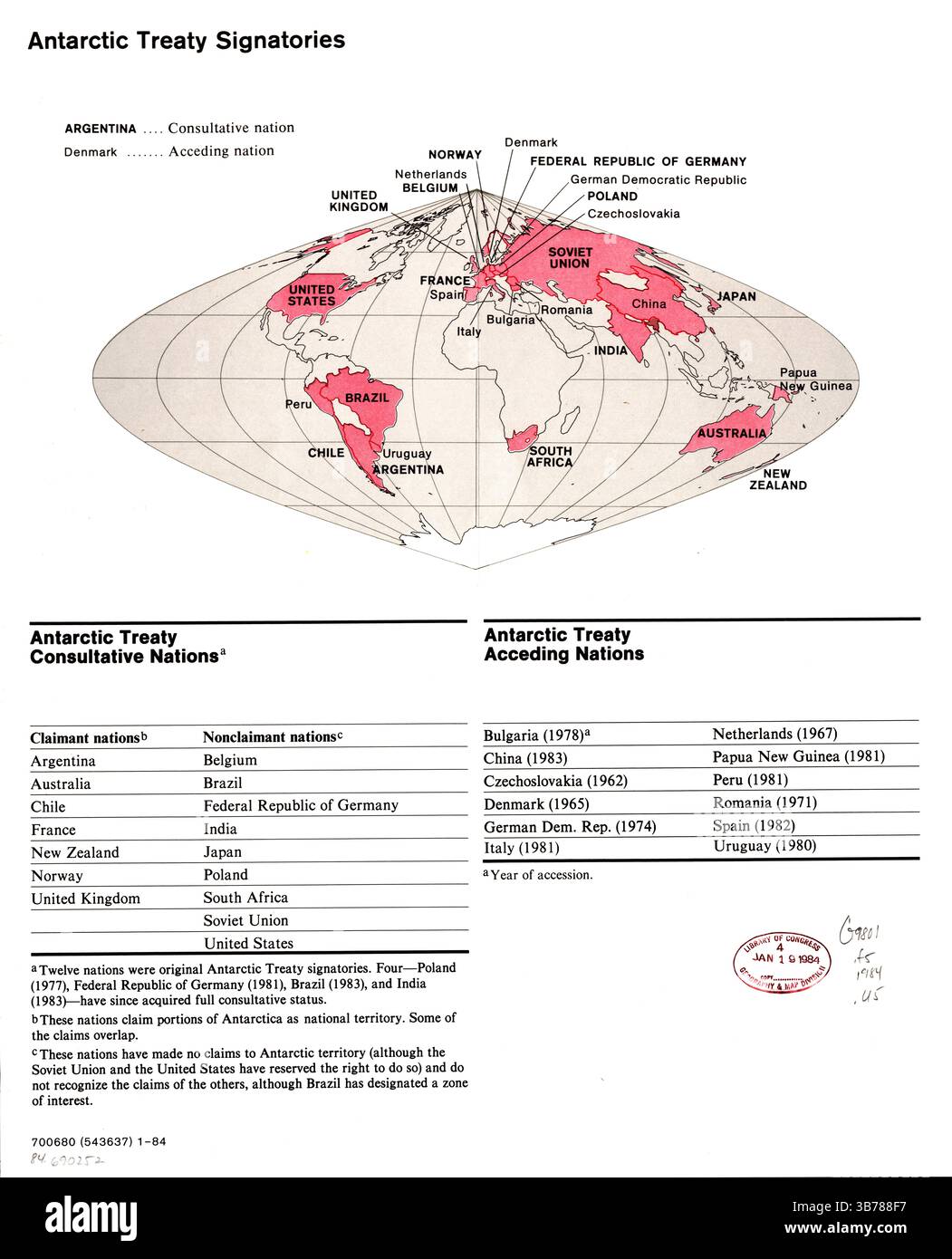 Carte de la région Antarctique, signataires du Traité sur l'Antarctique, 1984, carte à grande échelle, carte historique de l'Antarctique, domaine public Banque D'Images