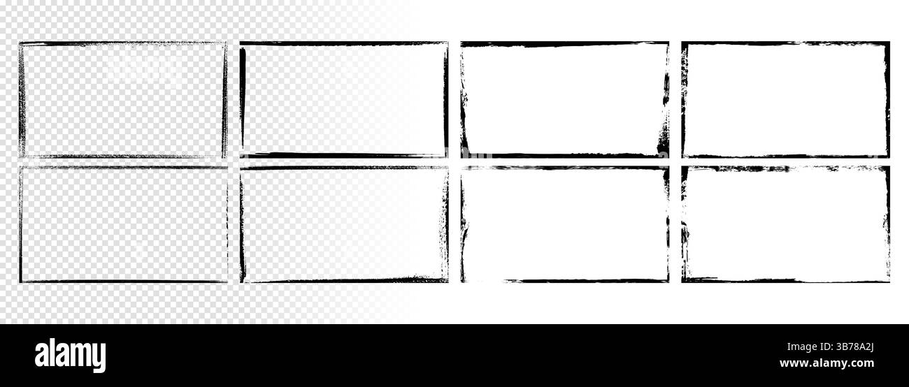 Illustration vectorielle. Lot de 8 cadres panoramiques horizontaux de style grunge. Collection de bordures sales sur fond transparent blanc. Conception de calques Illustration de Vecteur