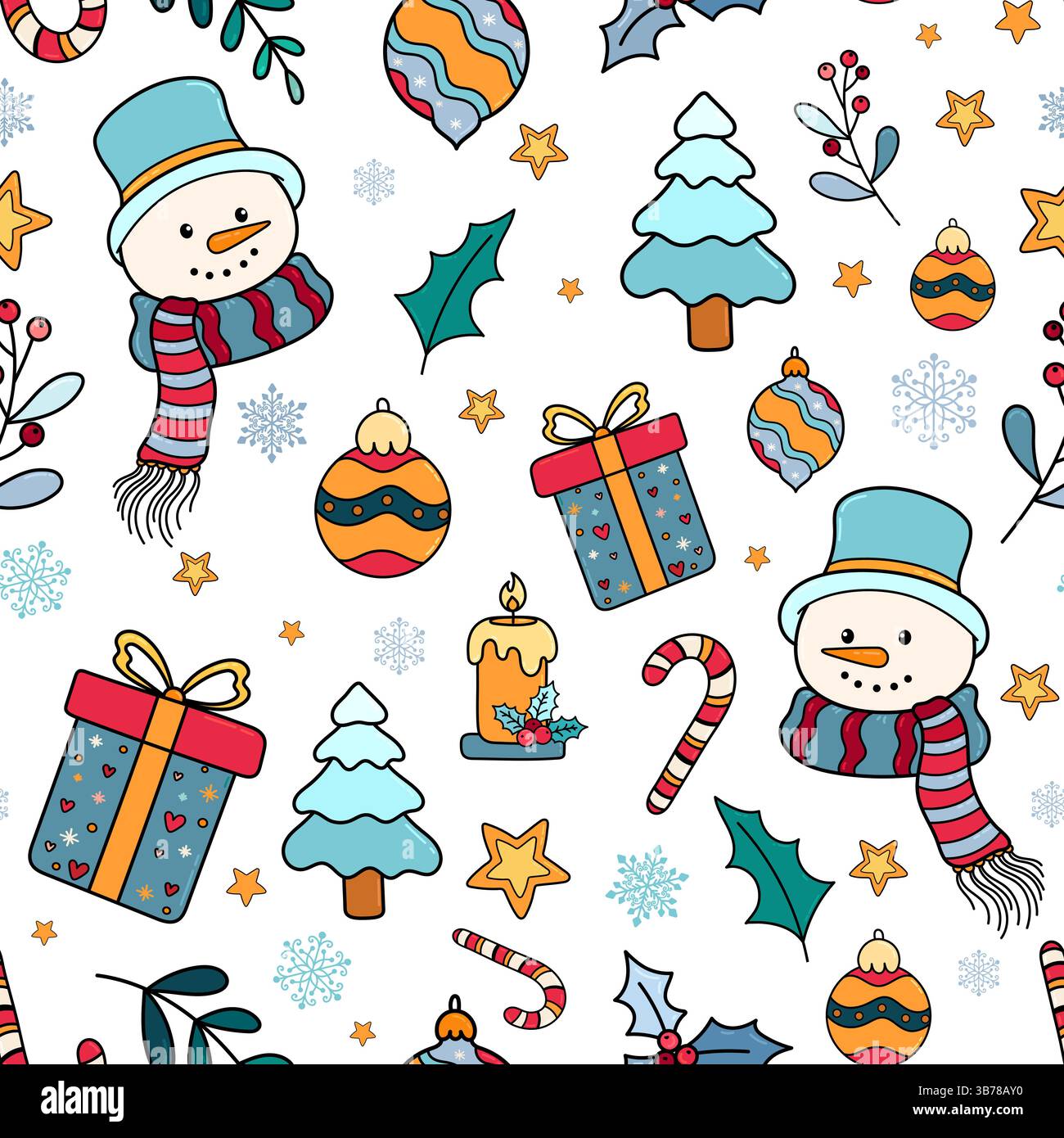 Motif de Noël de vacances avec tête de bonhomme de neige, boîte-cadeau et arbre de Noël. Dessin à la main motif sans couture de Noël pour tissu, papier d'emballage, textile Illustration de Vecteur