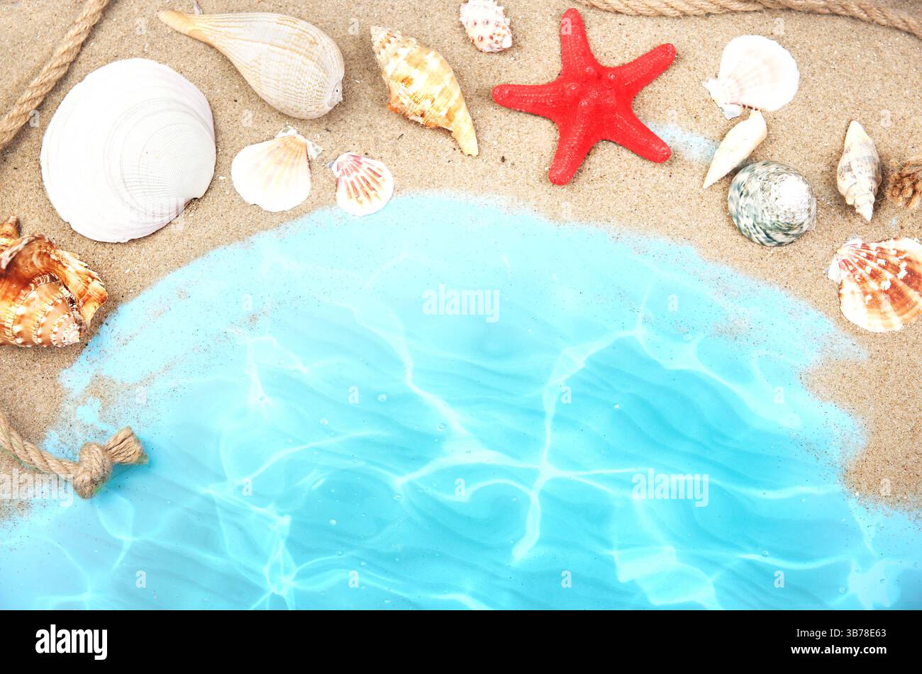 Coquillages sur sable bord de mer bleu eau vide espace fond.Summer vocation toile de fond. Banque D'Images