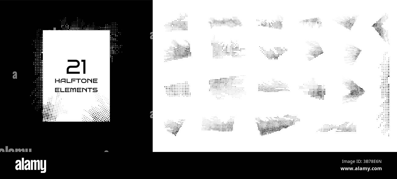 Ensemble vectoriel de 21 éléments en pointillés demi-teintes. Style pop art. Faisceau de points fanés isolé sur fond blanc. Collection de formes géométriques. Conception Illustration de Vecteur