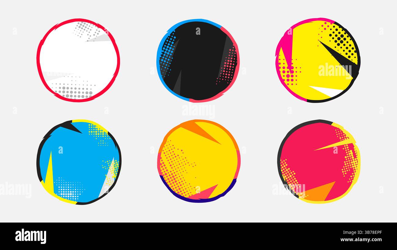 Illustration vectorielle. Ensemble de cadres abstraits ronds avec points demi-teintes. Bannière carrée. Collection de fond rétro vintage. Fond de style de couleur pop art Illustration de Vecteur