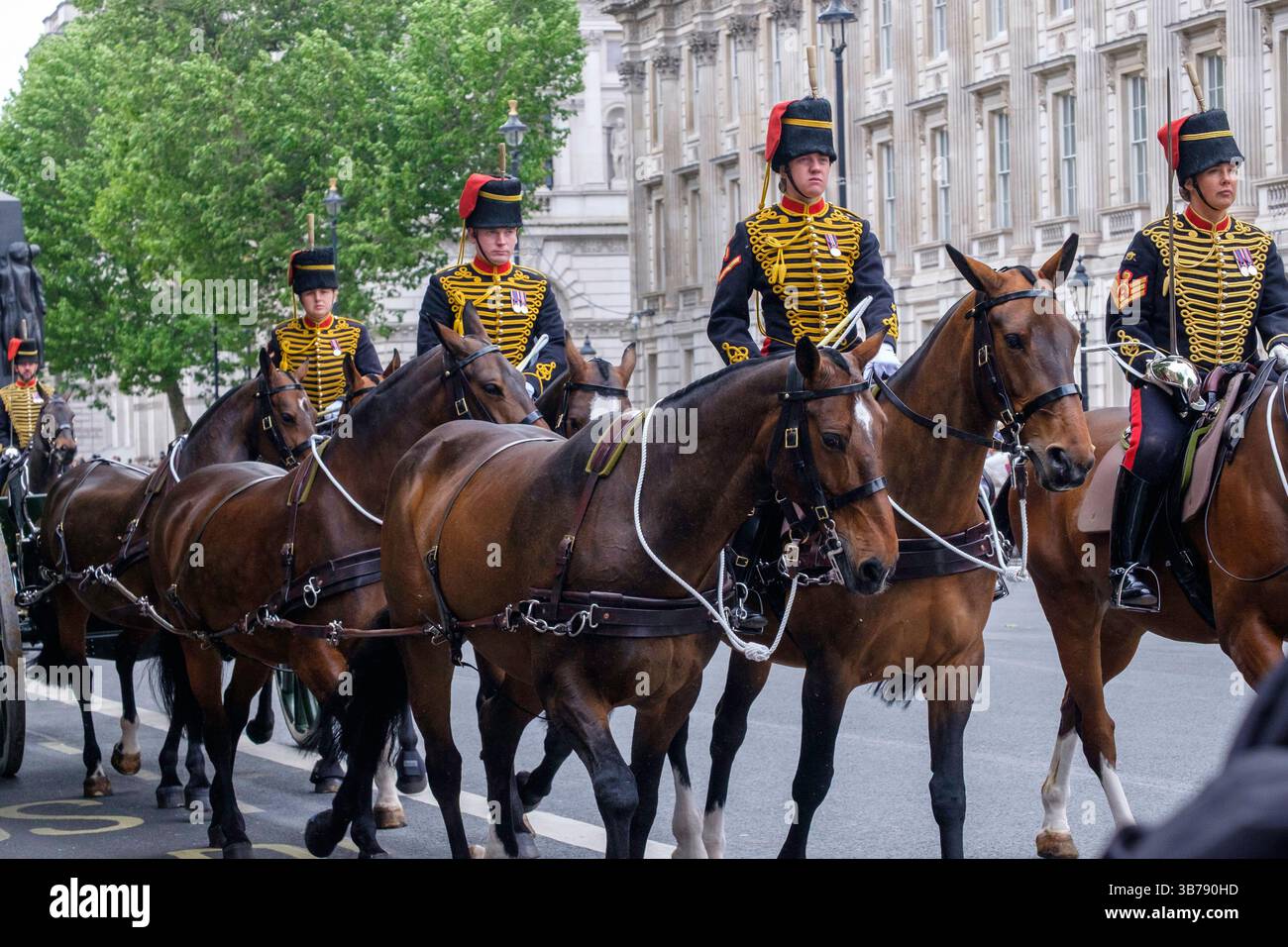 5 mai 2025, Londres, Royaume-Uni. Commémoration de la Journée VE. Un défilé de militaires britanniques et internationaux a lieu dans le centre de Londres pour marquer le 80e anniversaire de la fin de la seconde Guerre mondiale en Europe. Sur la photo : la troupe du roi Royal Horse Artillery mène la procession pour commémorer le 80e anniversaire du VE Day à Whitehall, dans le centre de Londres. Banque D'Images