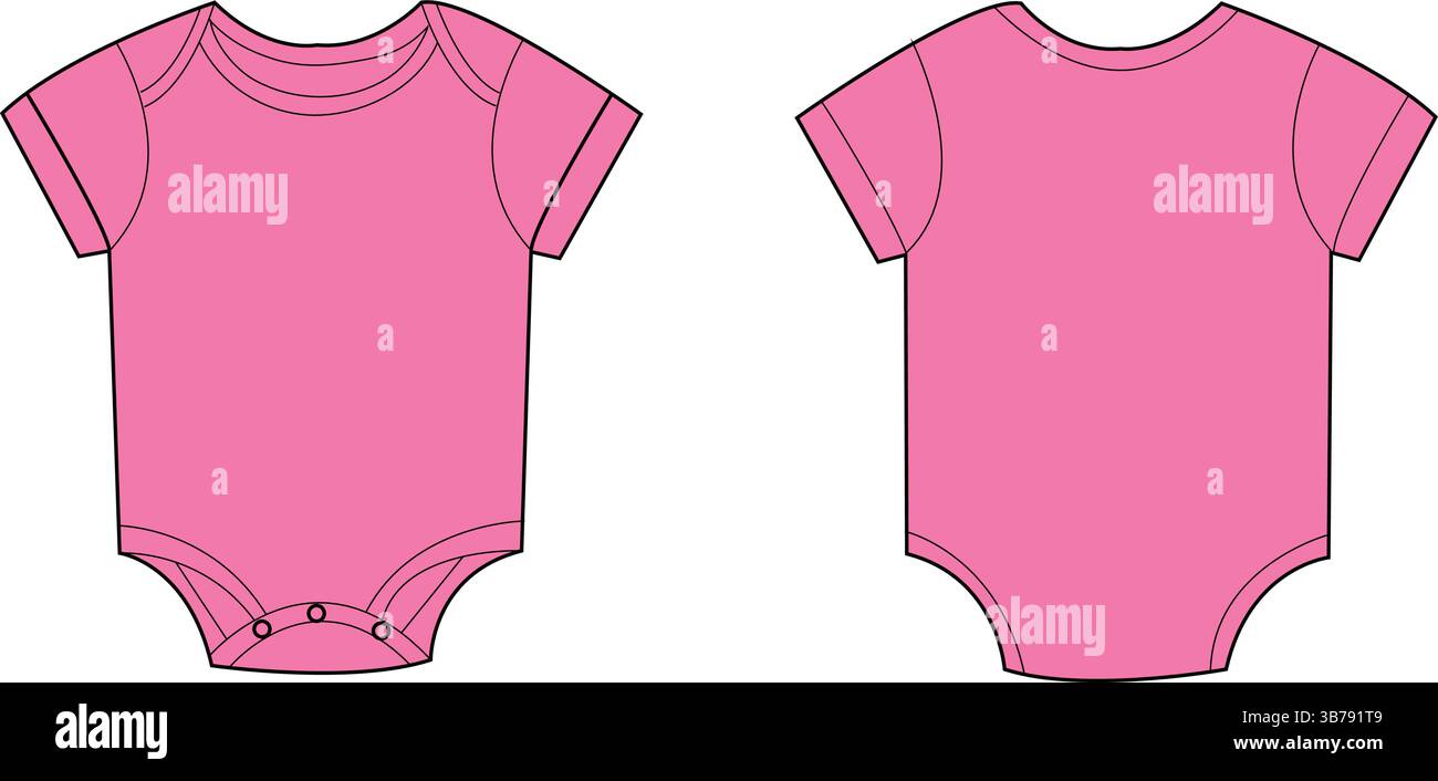 Combinaison rose pour bébé, vue avant et arrière | illustration vectorielle plate | modèle CAD de vêtements pour bébés Illustration de Vecteur