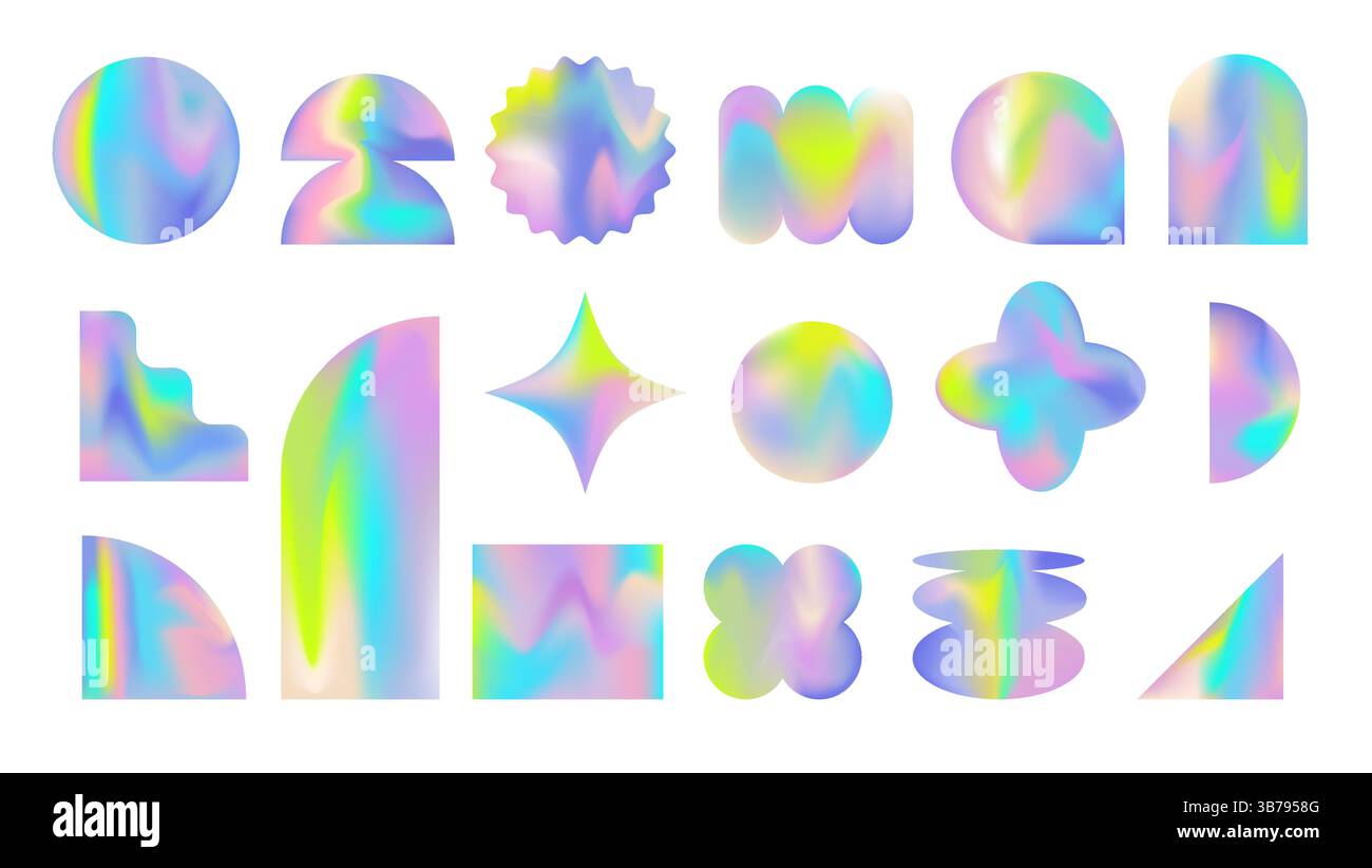 Formes abstraites rétro-futuristes irisées avec dégradés holographiques Illustration de Vecteur