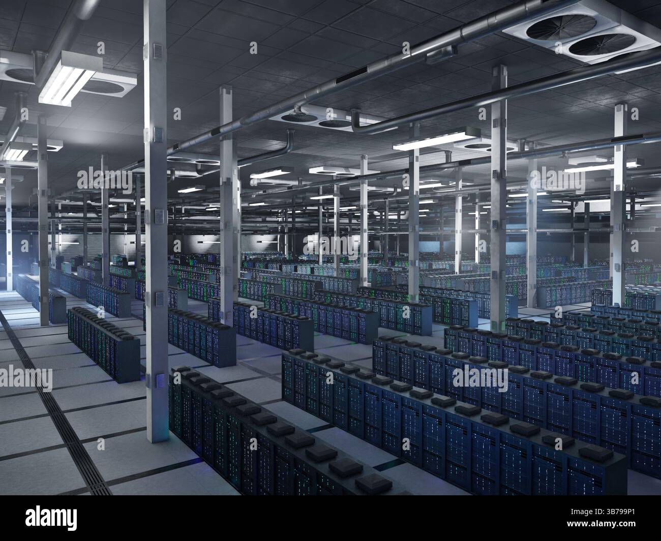 Matériel de montage en rack exploitant les charges de travail blockchain, les modèles crypto et le traitement des jetons. Unités d'infrastructure de centre de données gérant des tâches informatiques à haut rendement, rendu 3D. Banque D'Images