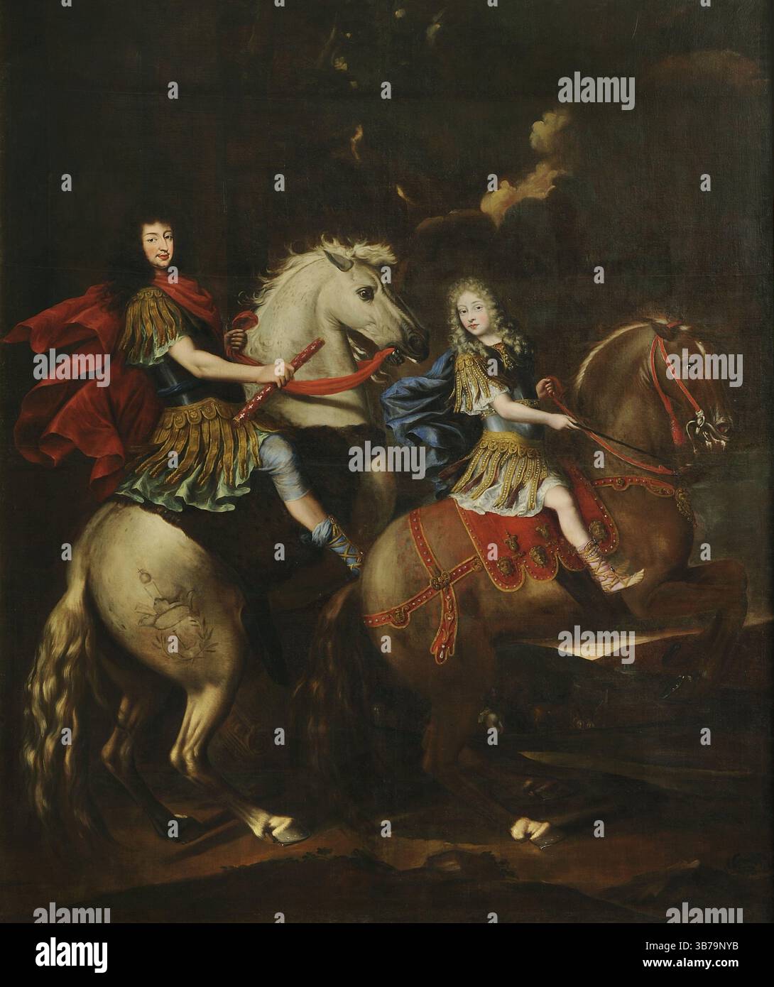 Portrait équestre de Charles-Emmanuel II de Savoie (1634-1675) avec son fils Victor-Amédée II (1666-1732). Musée : Palazzo Madama Torino. Auteur : Giovanni Battista Brambilla. Banque D'Images