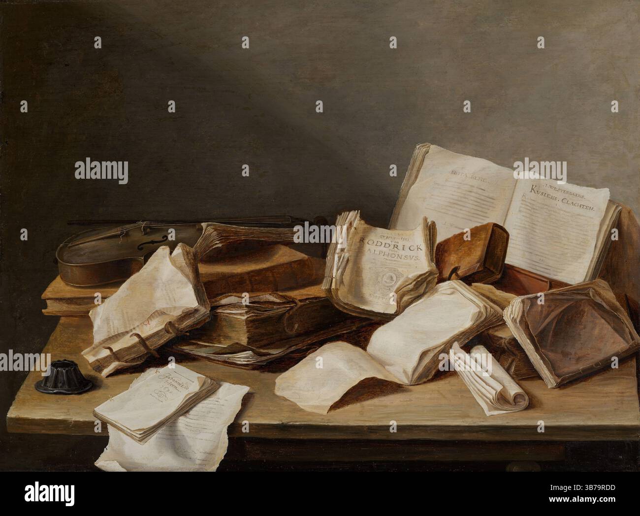 Nature morte avec livres et violon. Musée : la Mauritshuis, la Haye. AUTEUR : JAN DAVIDSZ DE HEEM. Banque D'Images